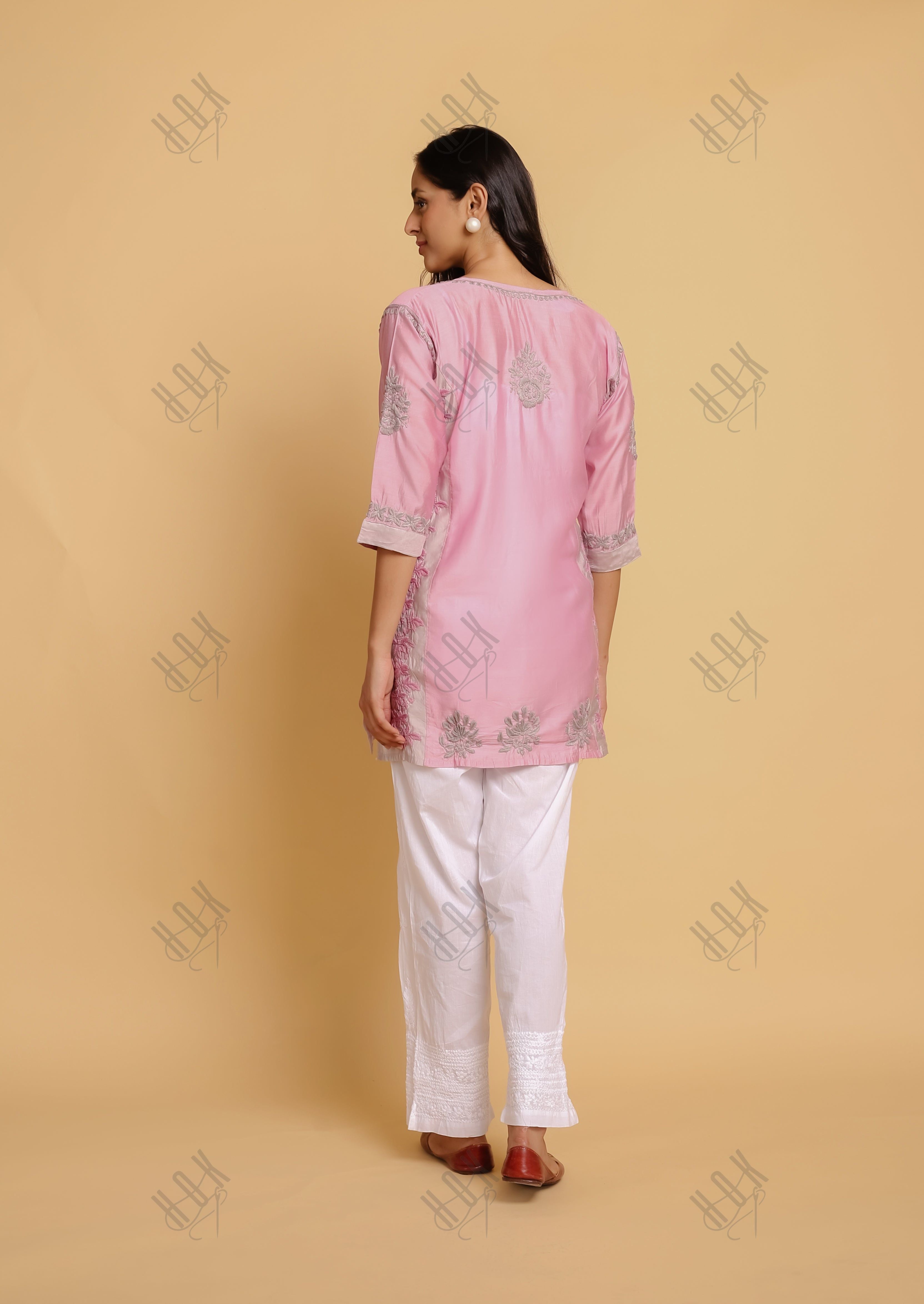 Saba Chikankari Short kurta in Chanderi Silk - Peach with Grey