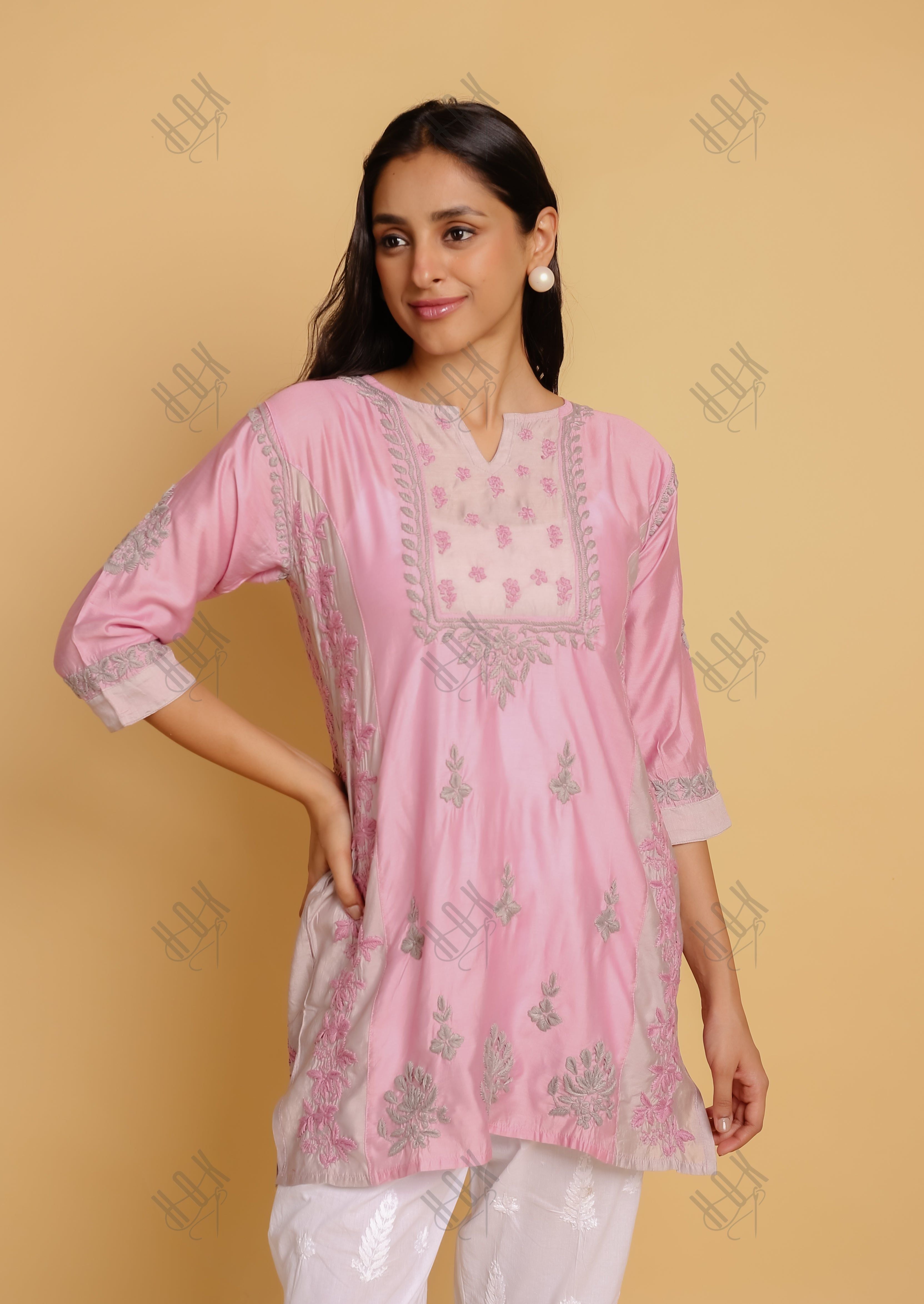 Saba Chikankari Short kurta in Chanderi Silk - Peach with Grey