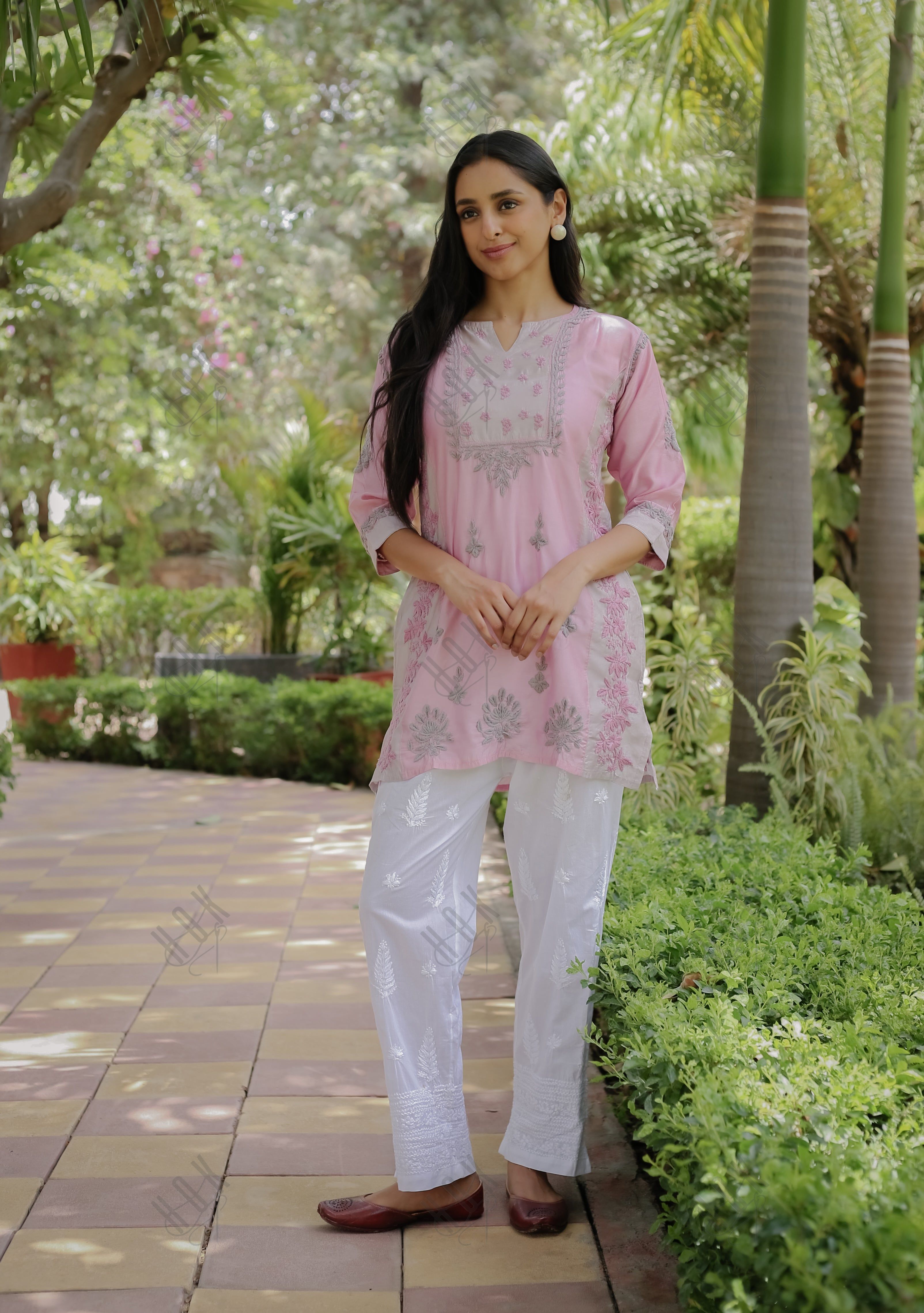 Saba Chikankari Short kurta in Chanderi Silk - Peach with Grey