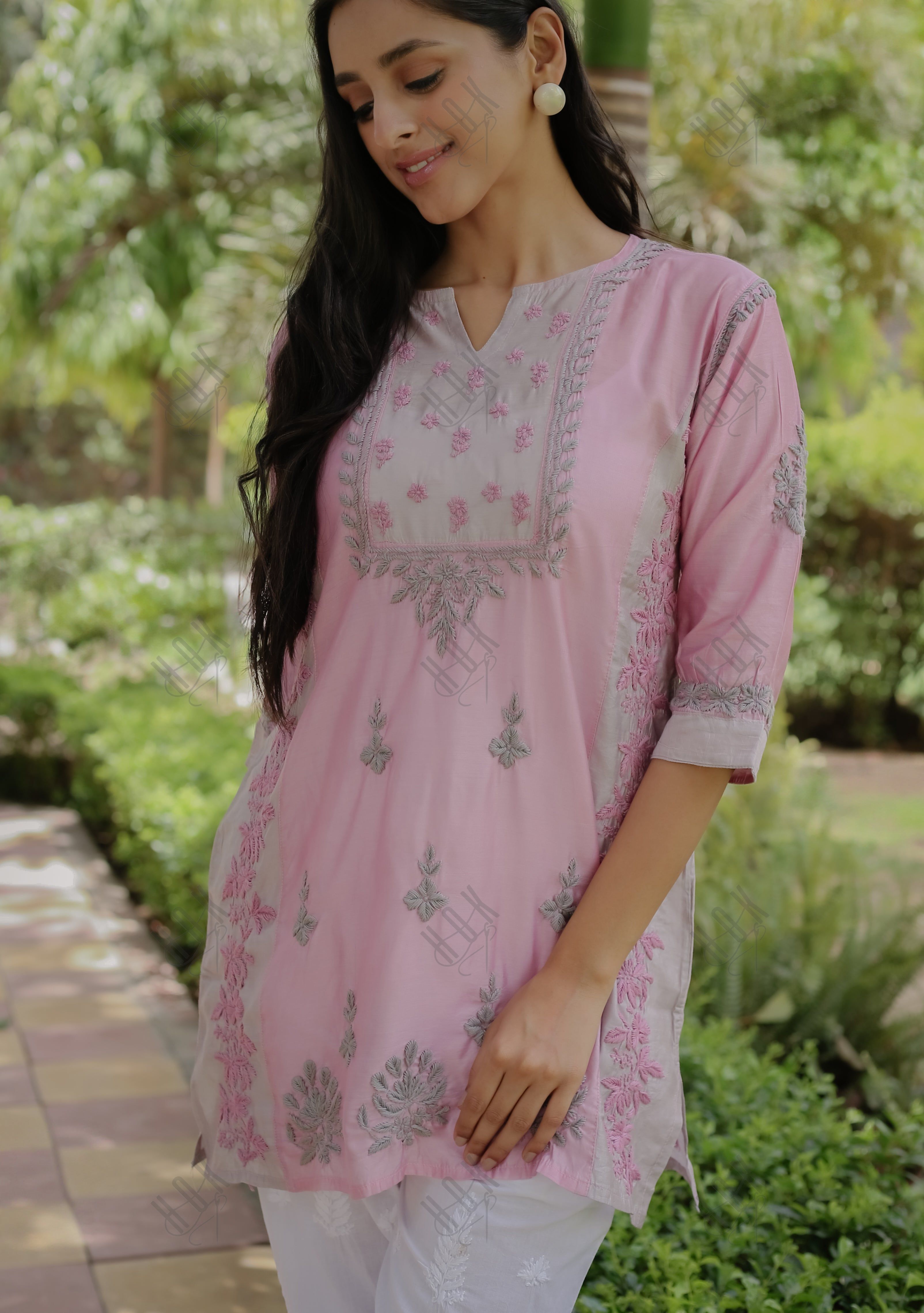 Saba Chikankari Short kurta in Chanderi Silk - Peach with Grey