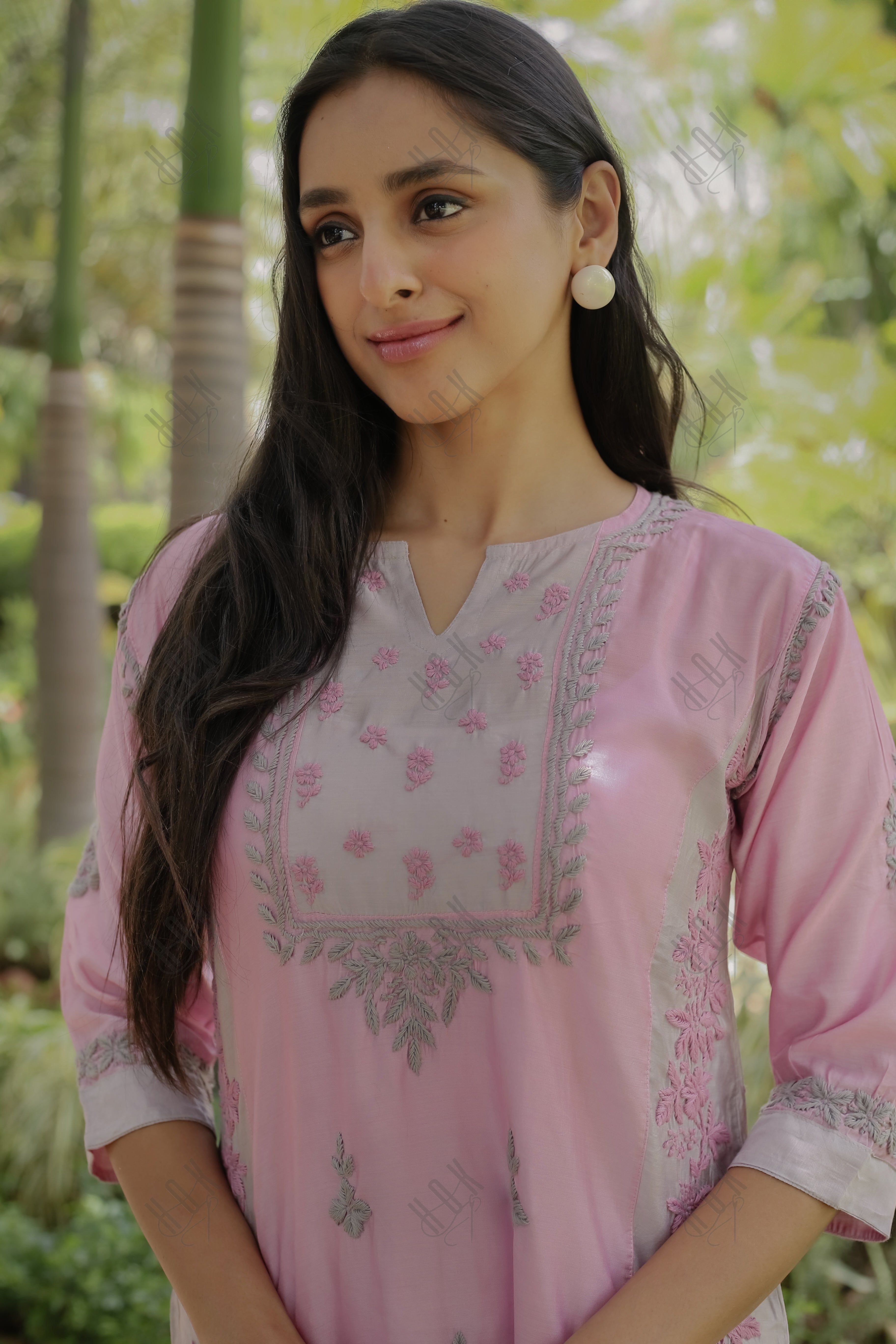 Saba Chikankari Short kurta in Chanderi Silk - Peach with Grey