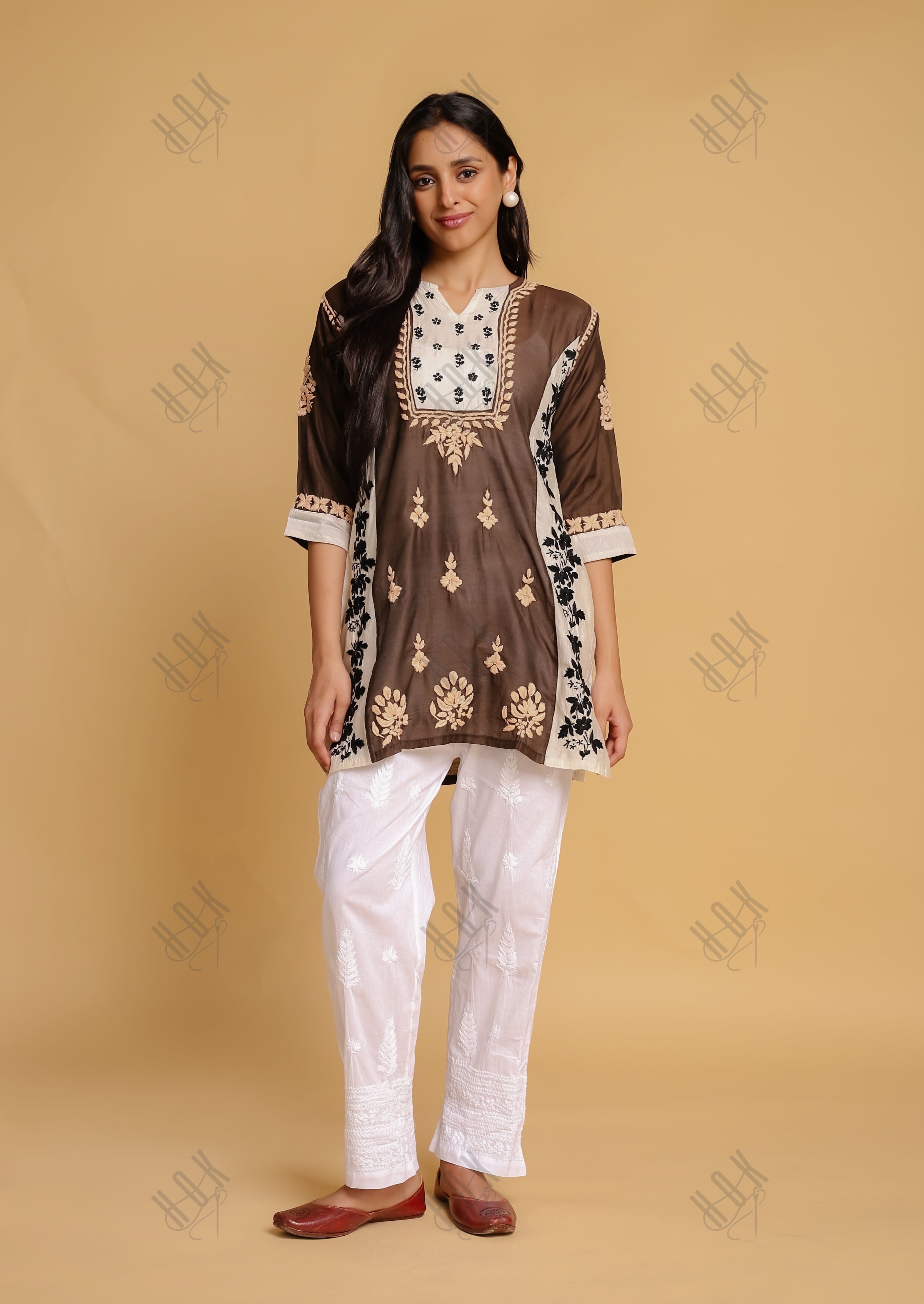 Saba Chikankari Short kurta in Chanderi Silk - Brown white