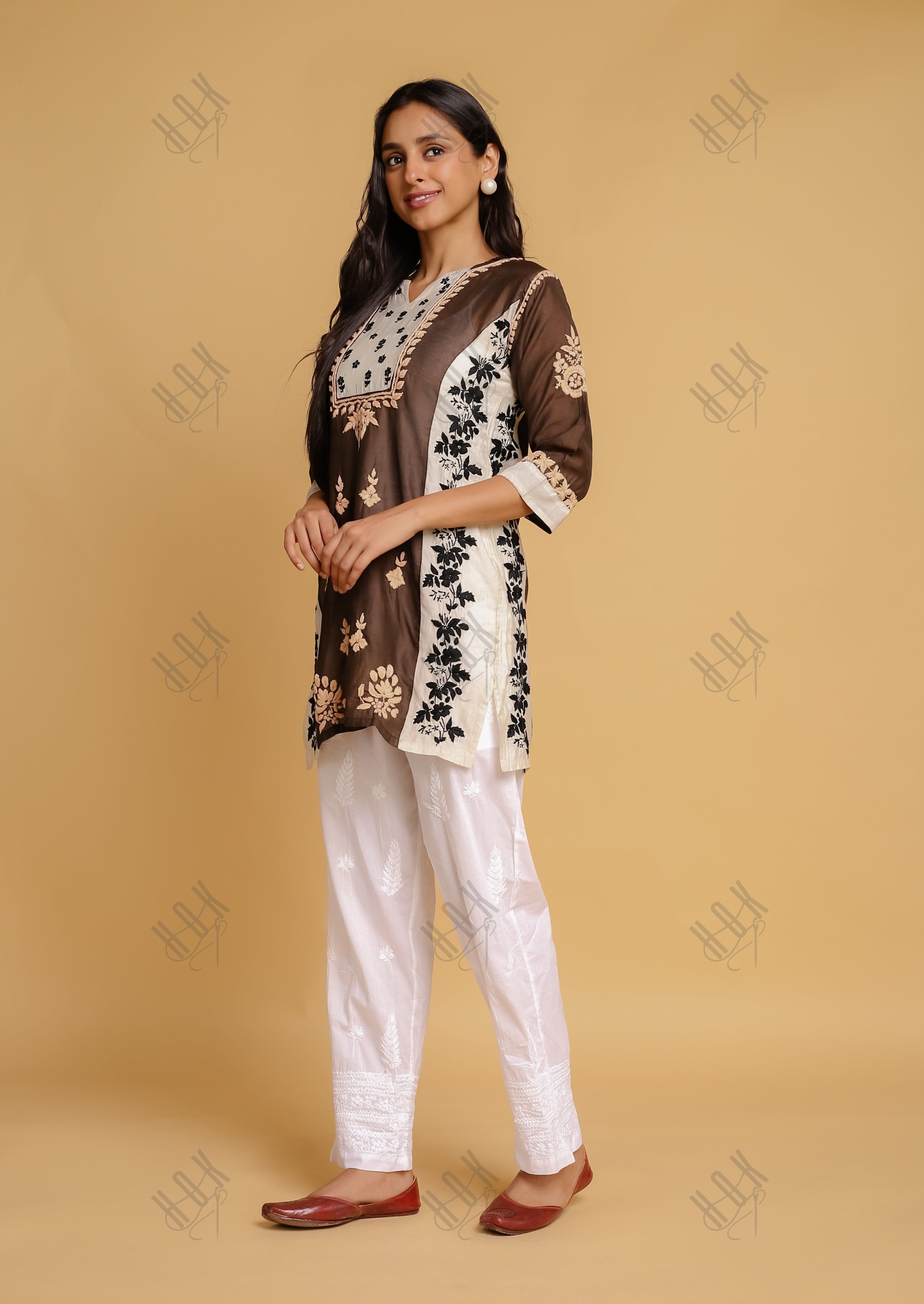 Saba Chikankari Short kurta in Chanderi Silk - Brown white