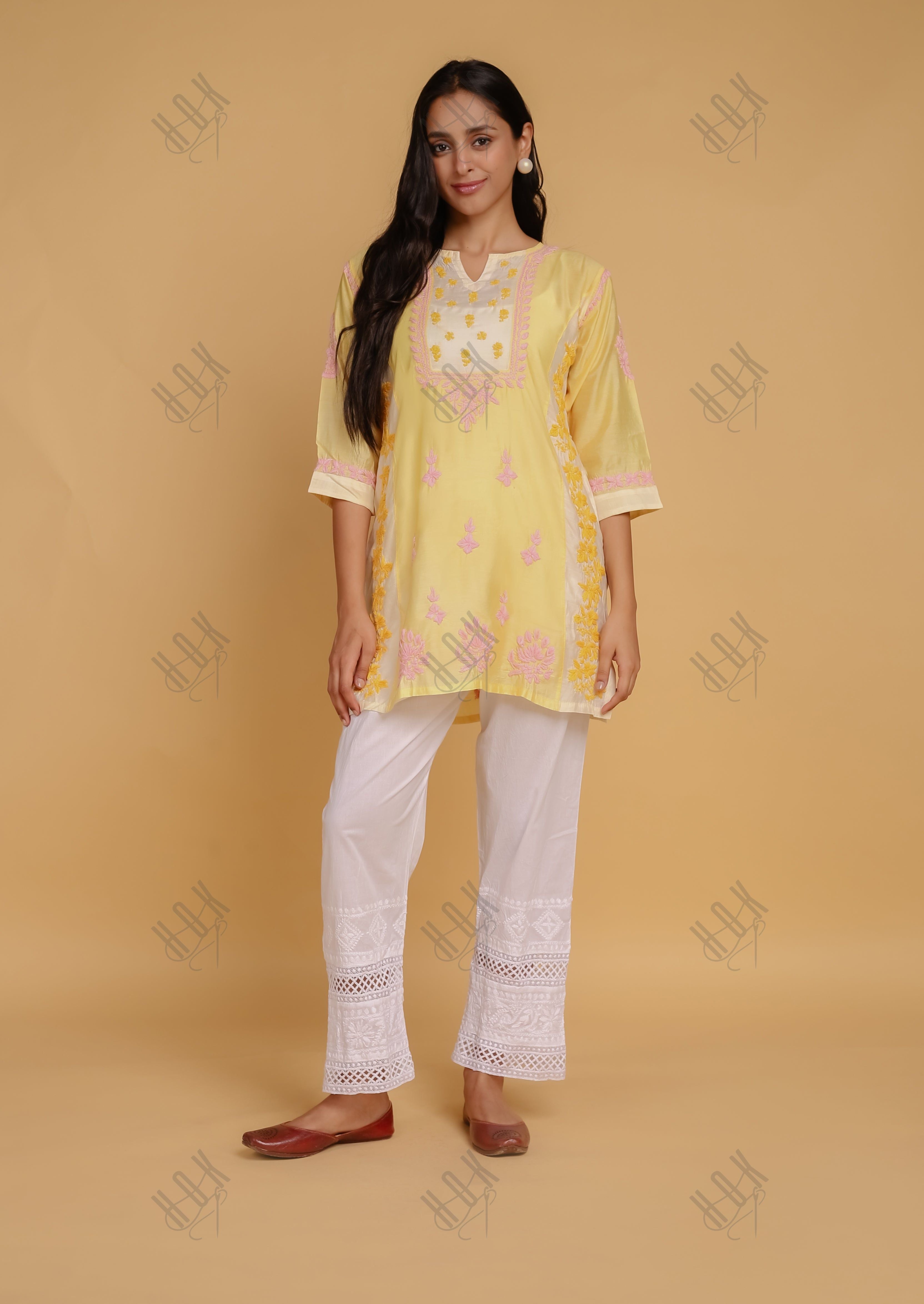 Saba Chikankari Short kurta in Chanderi Silk - Yellow Peach