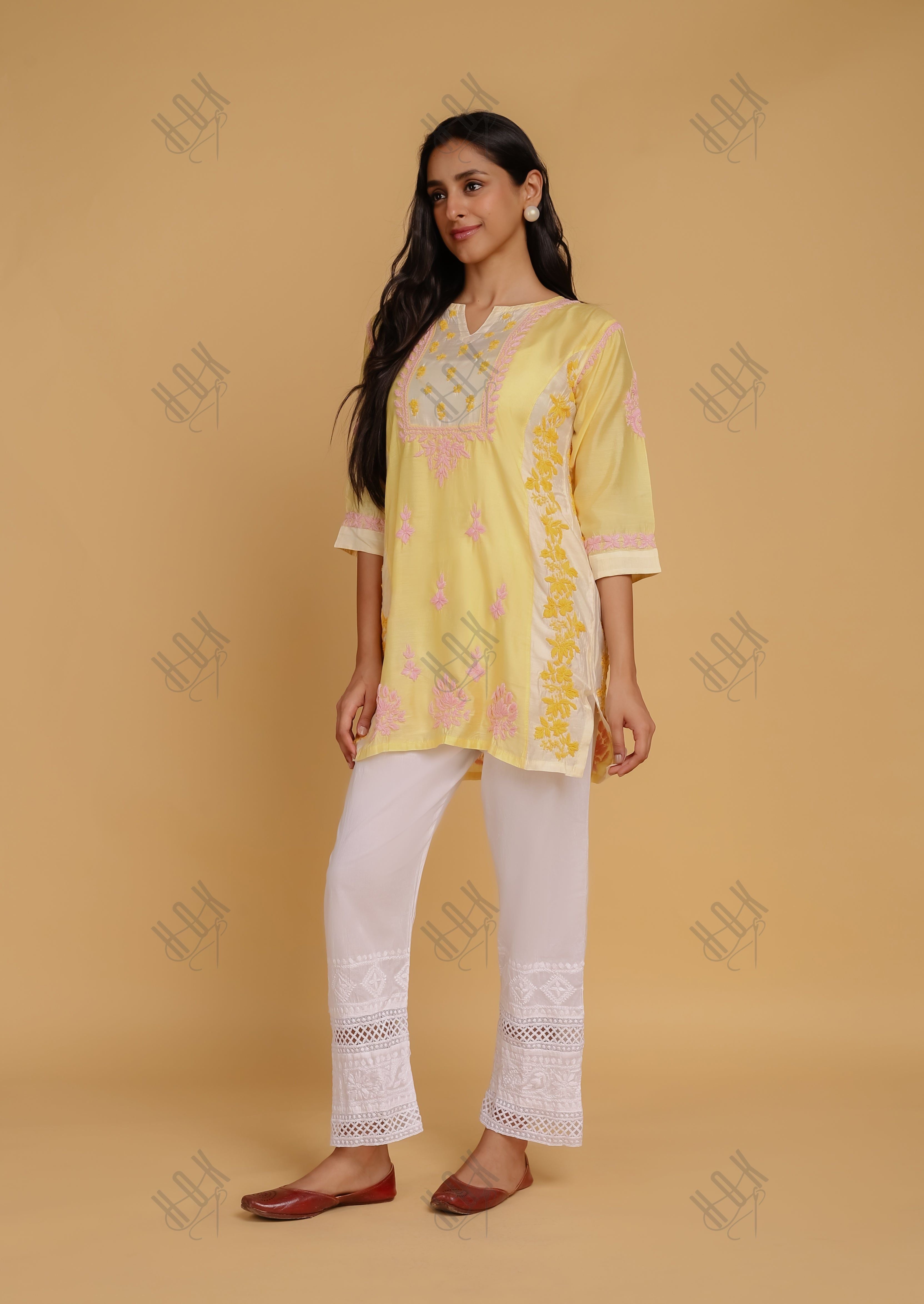 Saba Chikankari Short kurta in Chanderi Silk - Yellow Peach