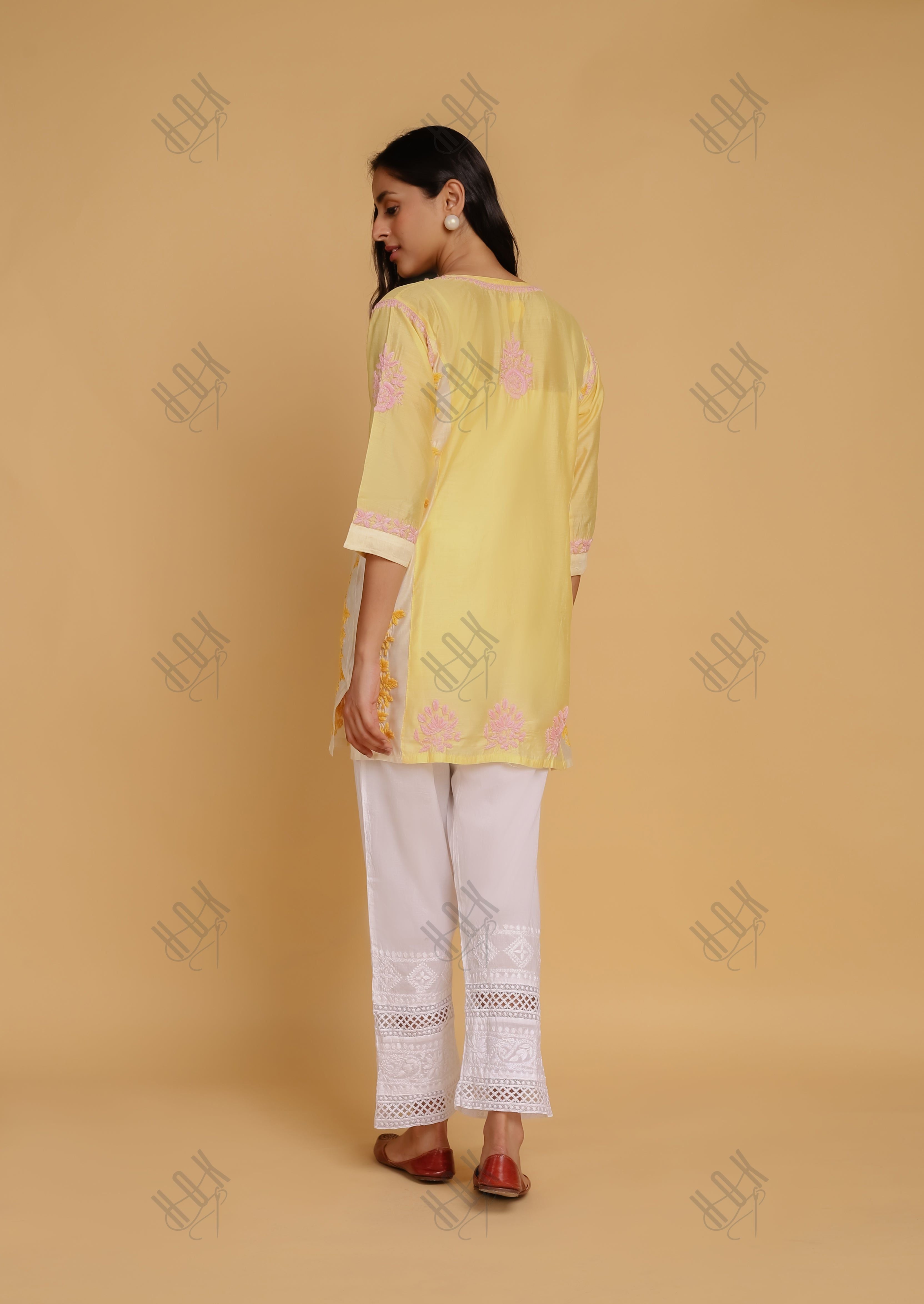 Saba Chikankari Short kurta in Chanderi Silk - Yellow Peach