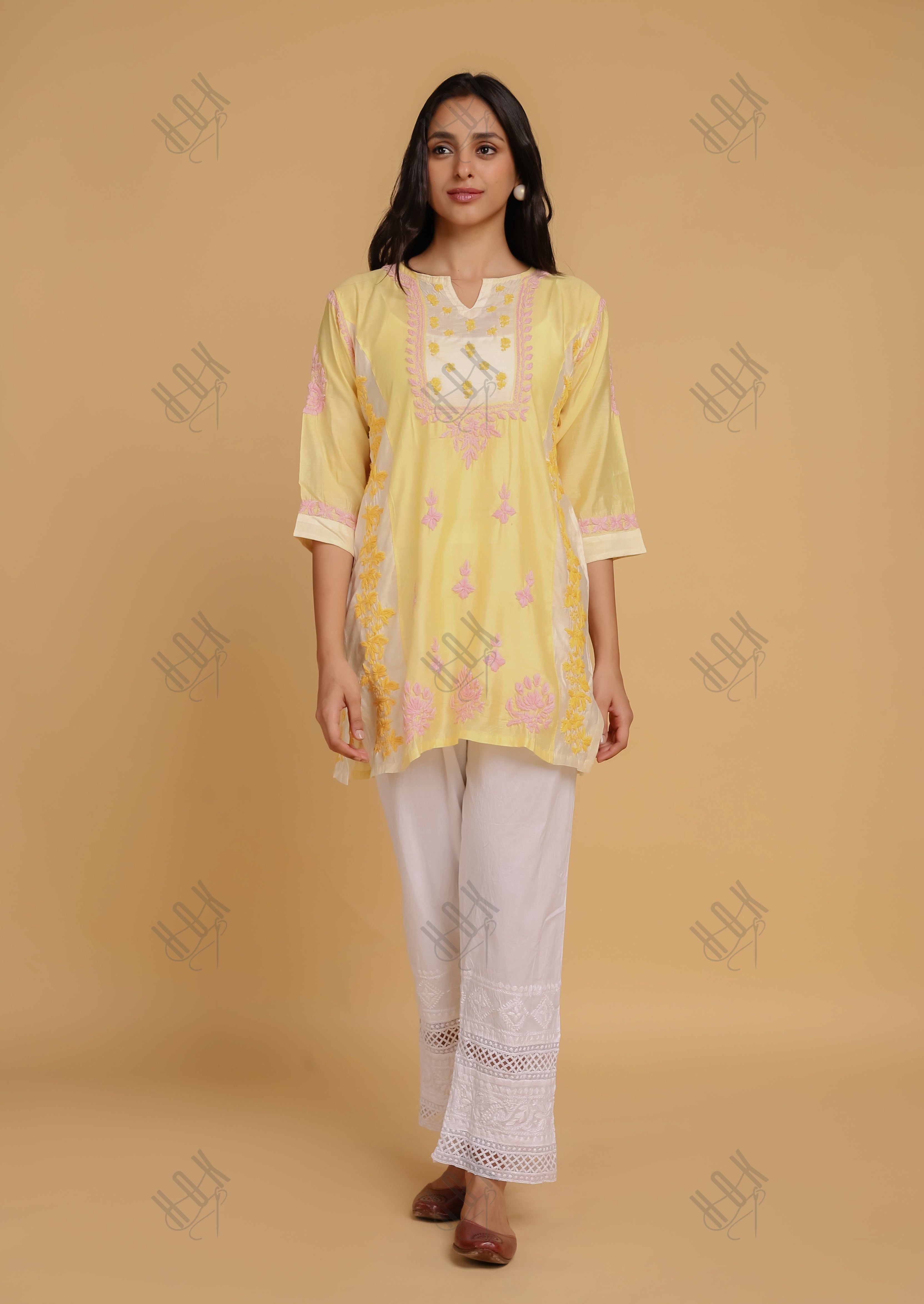 Saba Chikankari Short kurta in Chanderi Silk - Yellow Peach