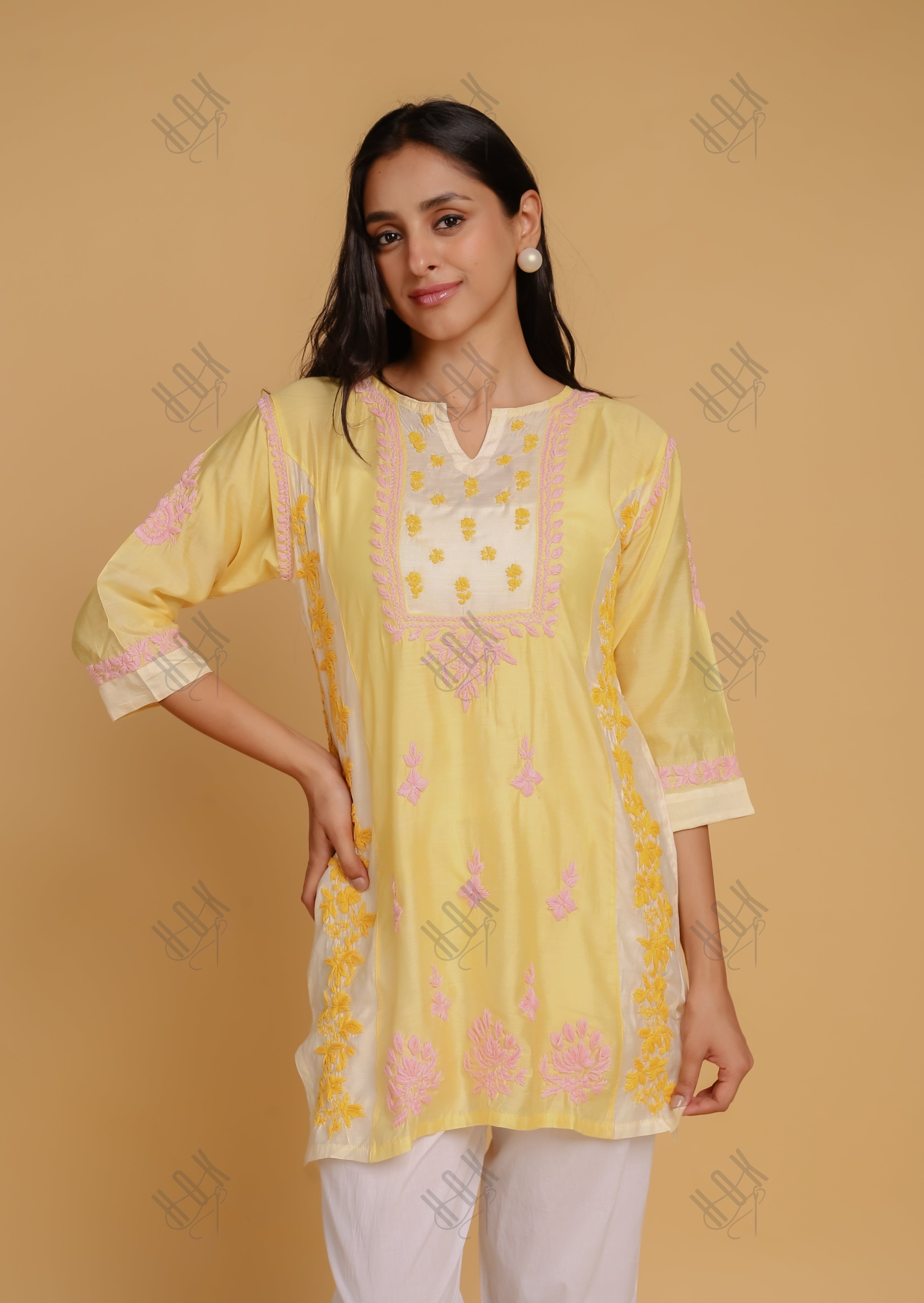 Saba Chikankari Short kurta in Chanderi Silk - Yellow Peach