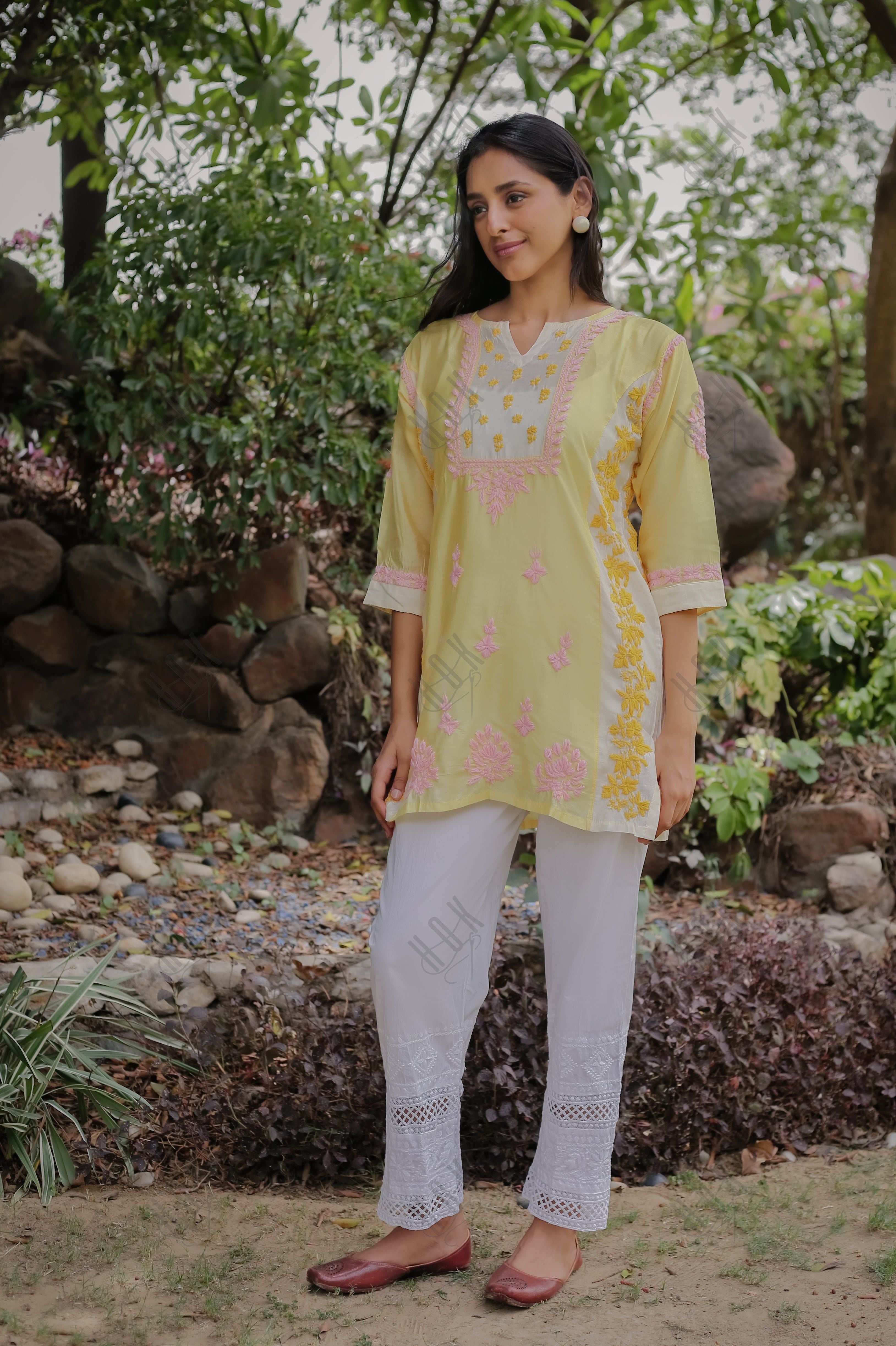 Saba Chikankari Short kurta in Chanderi Silk - Yellow Peach