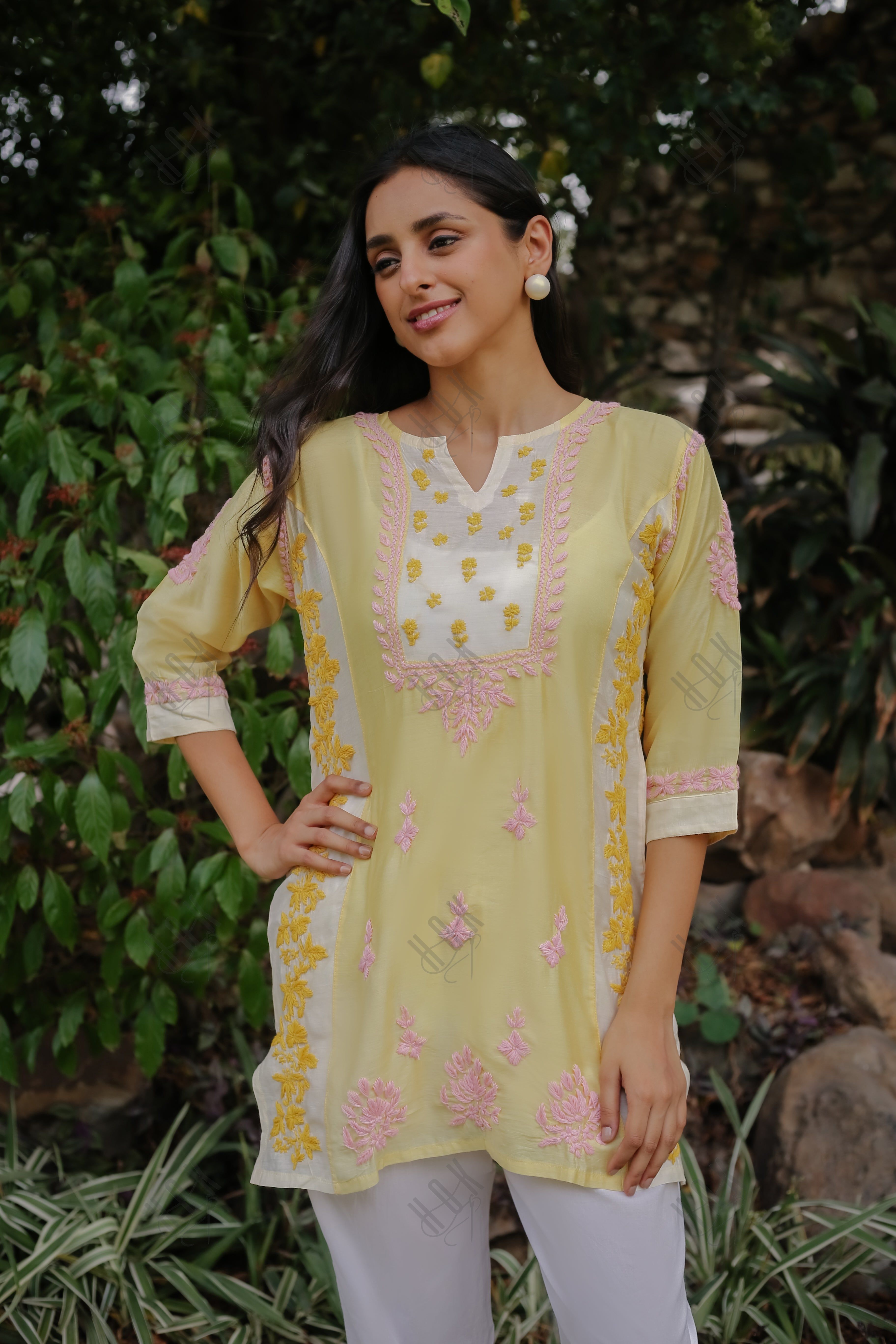 Saba Chikankari Short kurta in Chanderi Silk - Yellow Peach