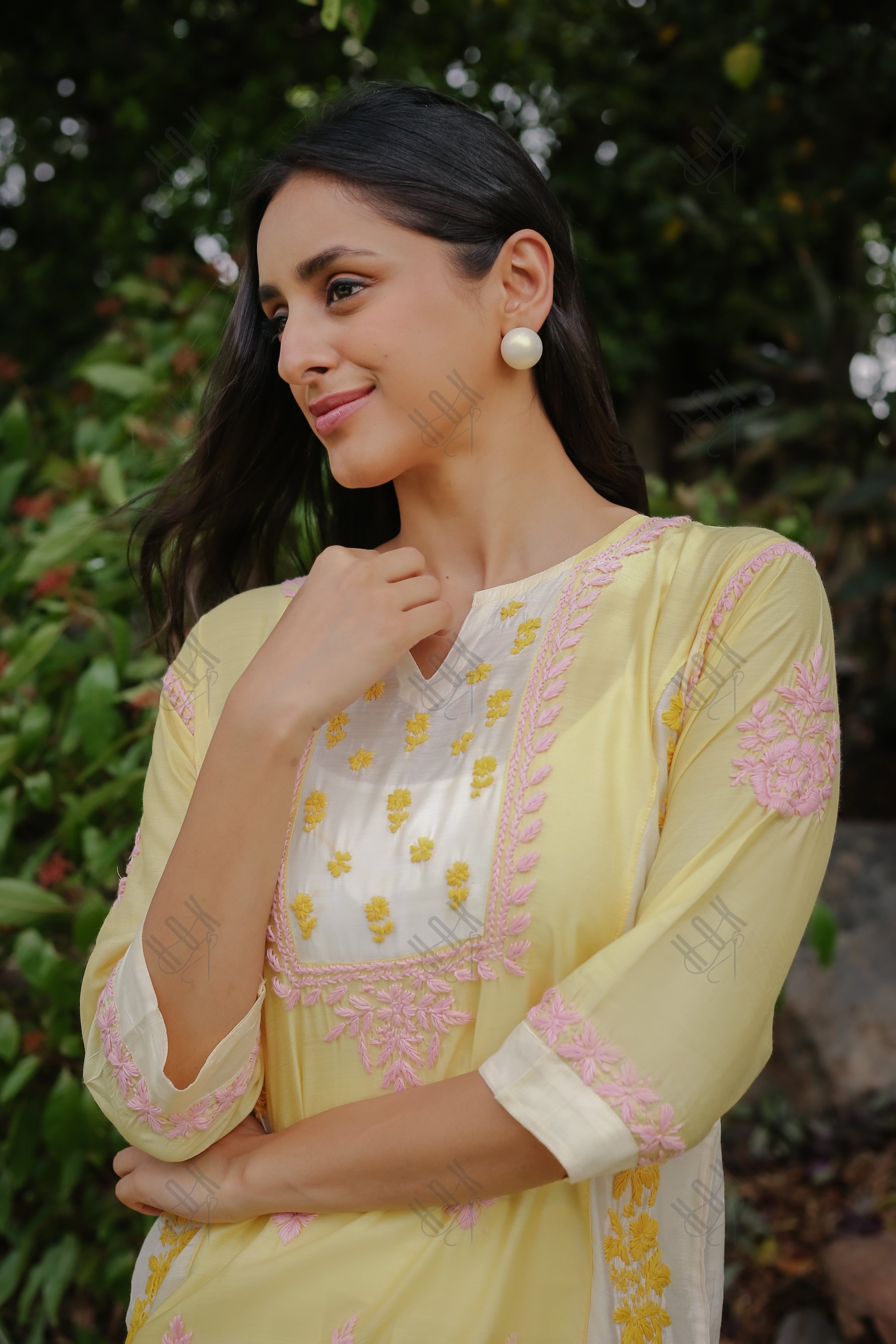 Saba Chikankari Short kurta in Chanderi Silk - Yellow Peach