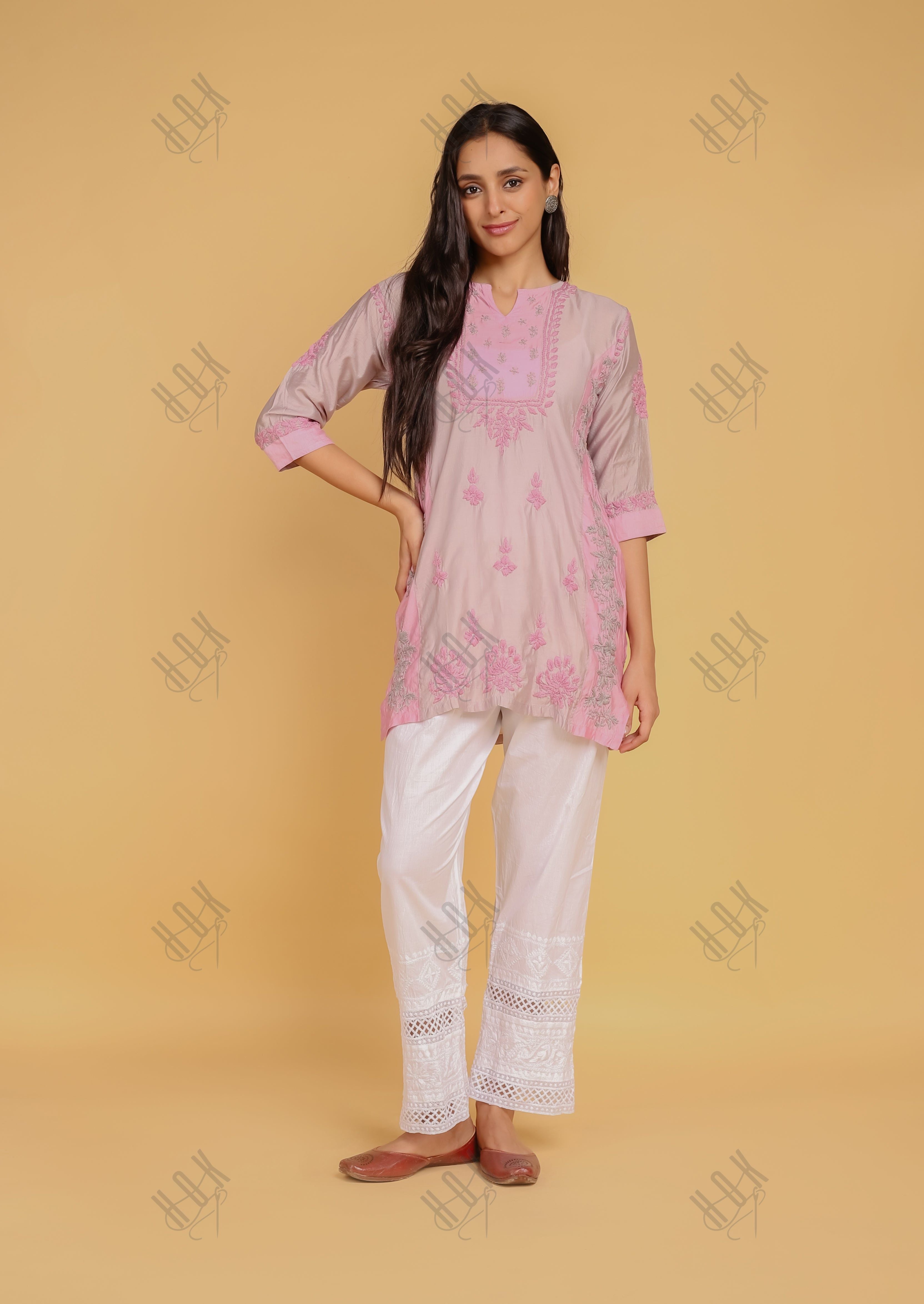 Saba Chikankari Short kurta in Chanderi Silk - Grey Pink