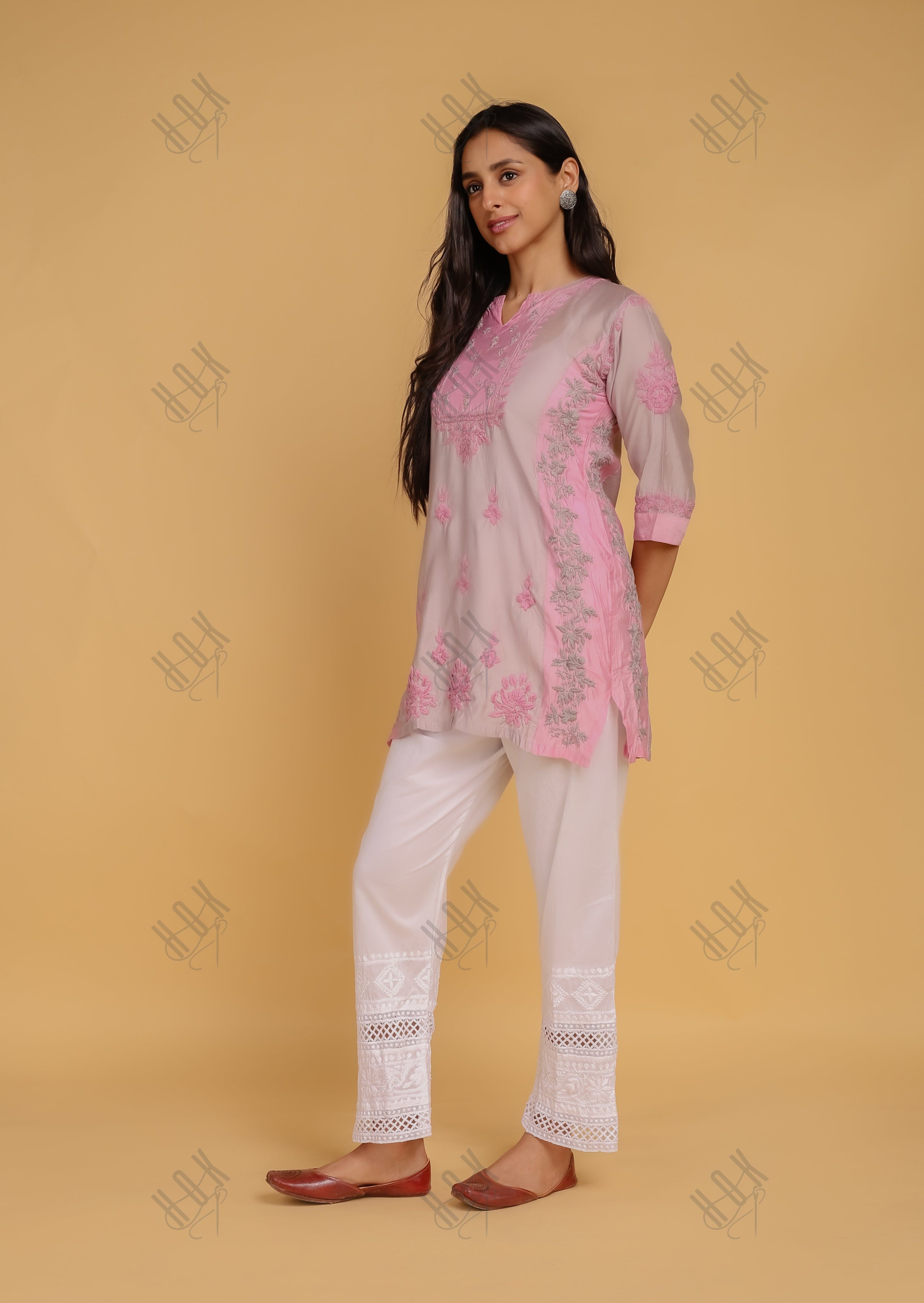 Saba Chikankari Short kurta in Chanderi Silk - Grey Pink