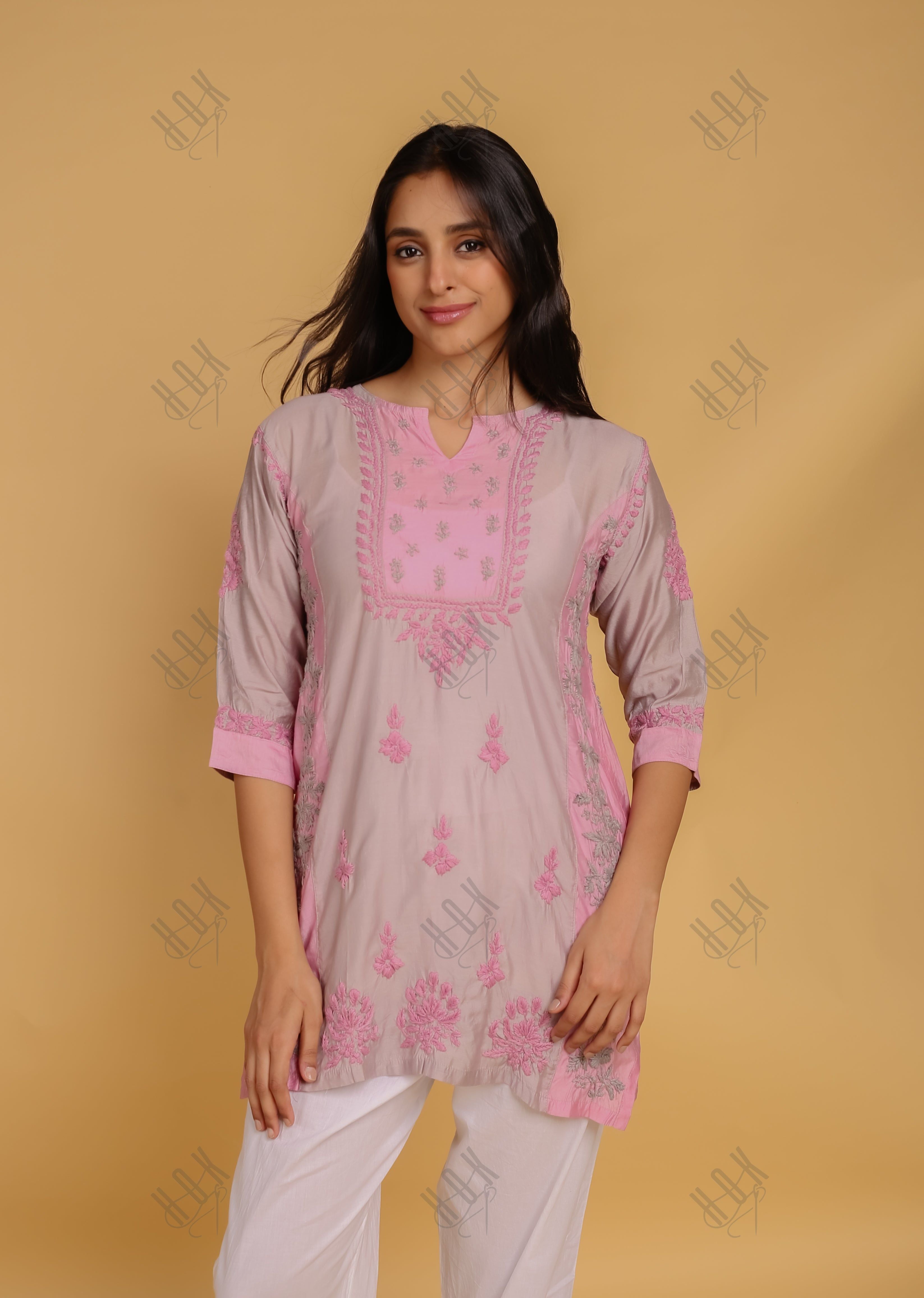 Saba Chikankari Short kurta in Chanderi Silk - Grey Pink