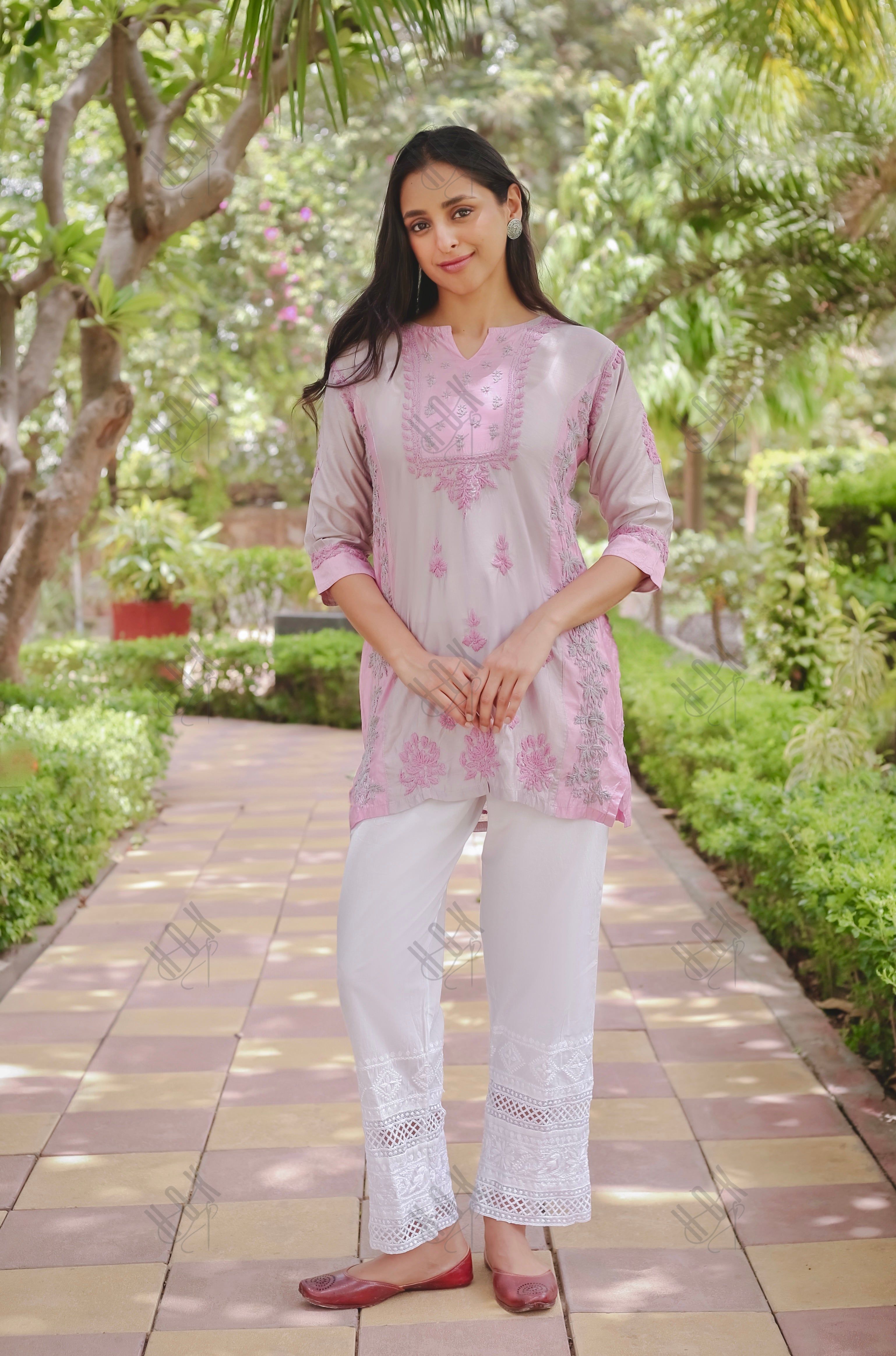 Saba Chikankari Short kurta in Chanderi Silk - Grey Pink