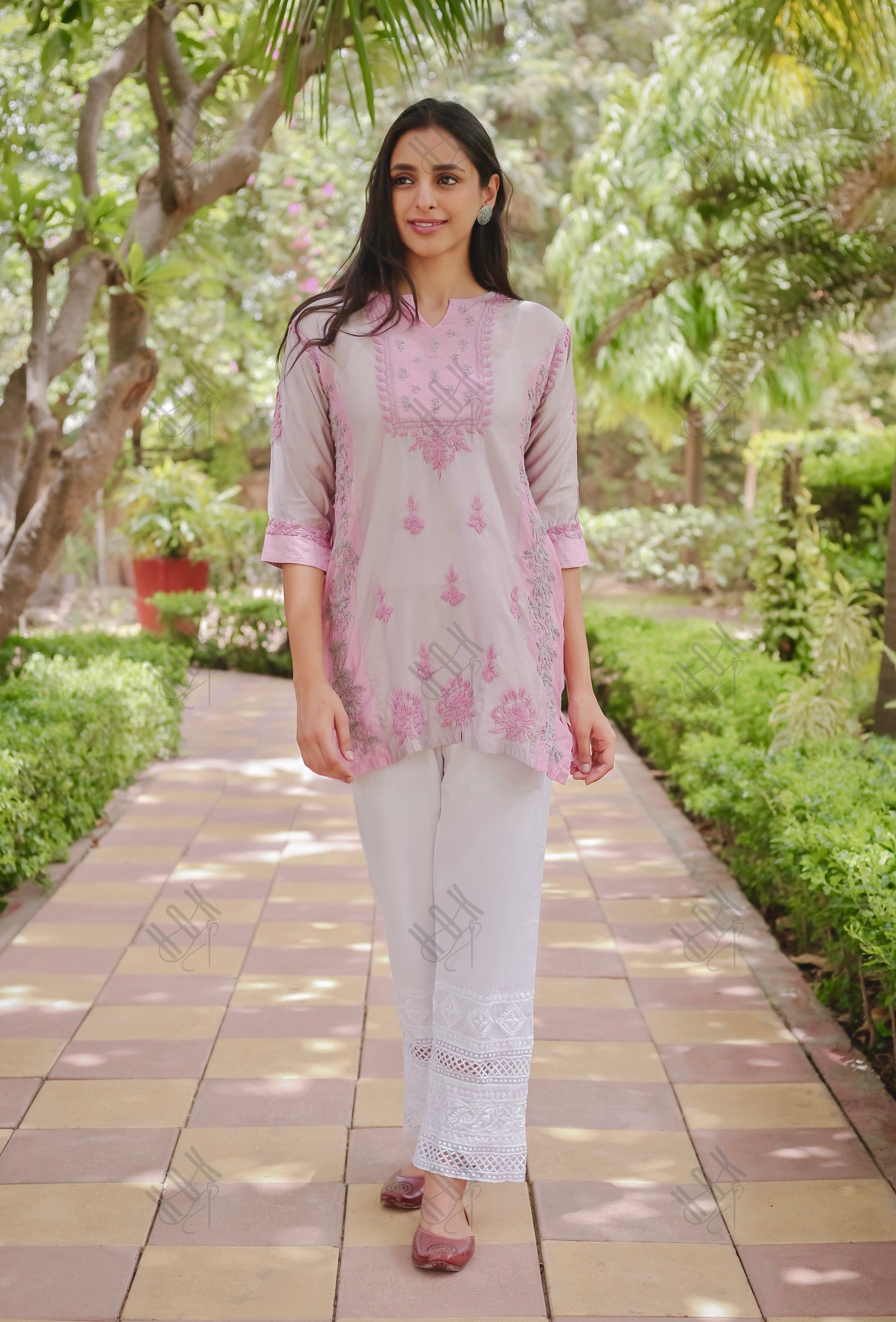 Saba Chikankari Short kurta in Chanderi Silk - Grey Pink