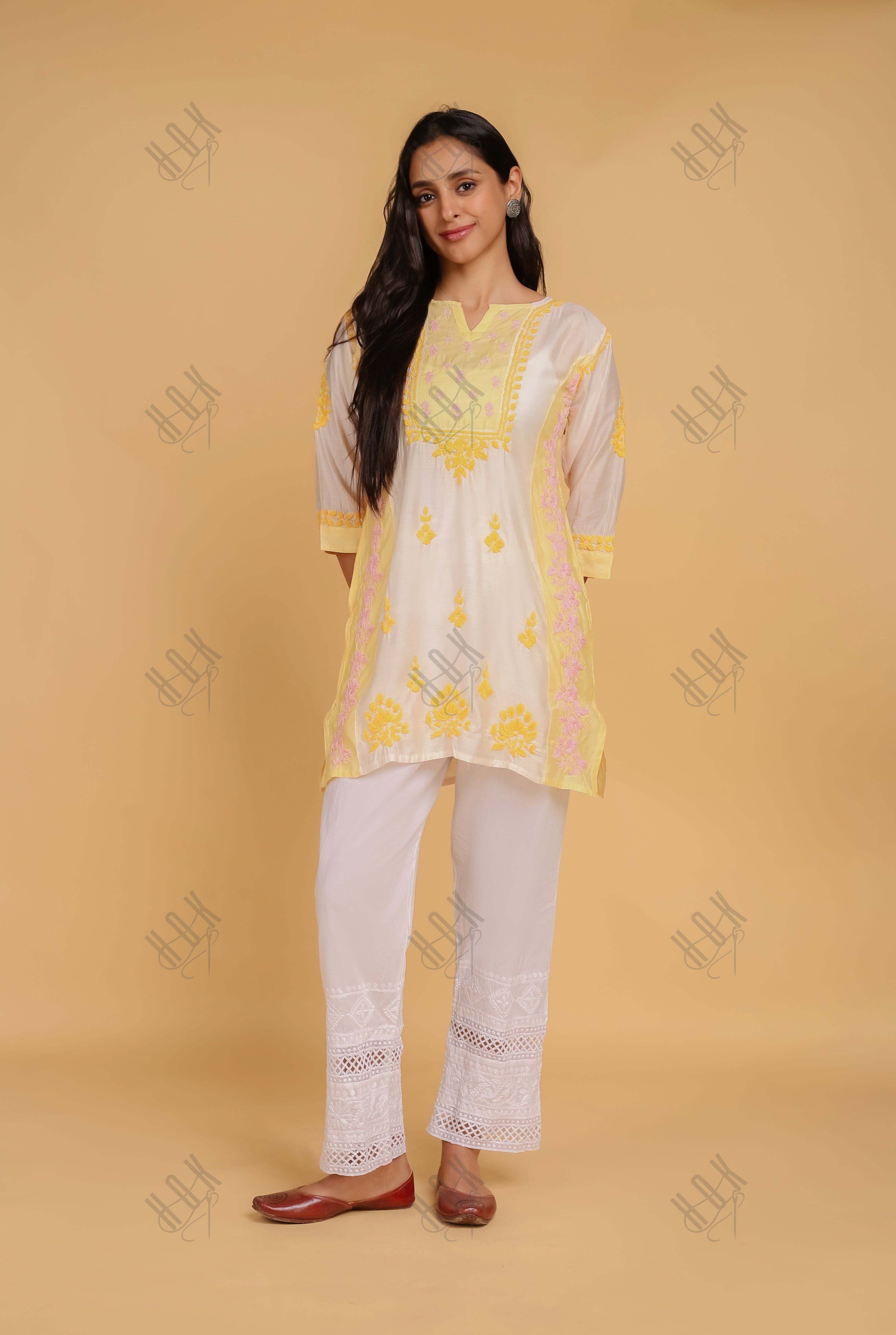 Saba Chikankari Short kurta in Chanderi Silk - Yellow White