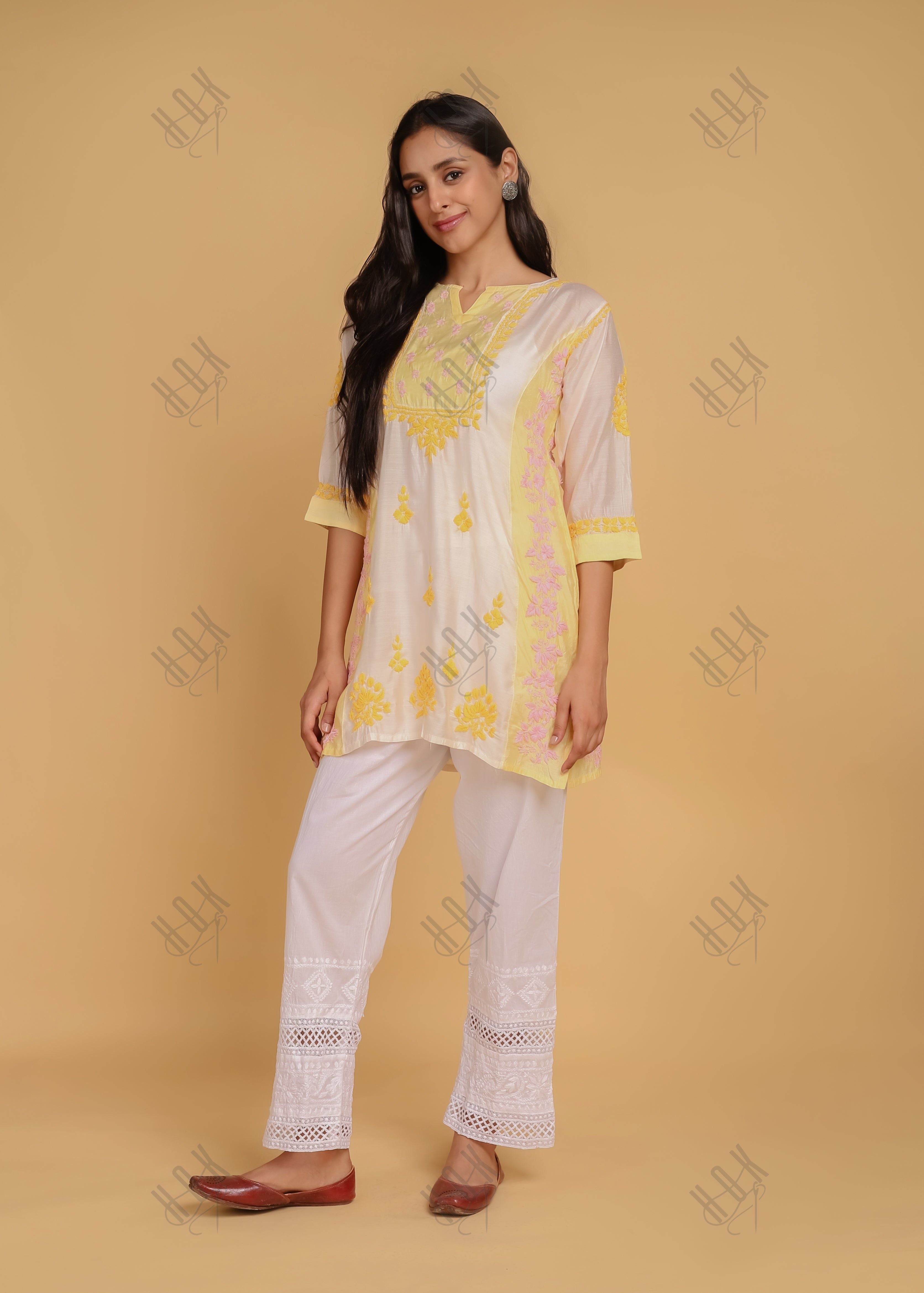 Saba Chikankari Short kurta in Chanderi Silk - Yellow White