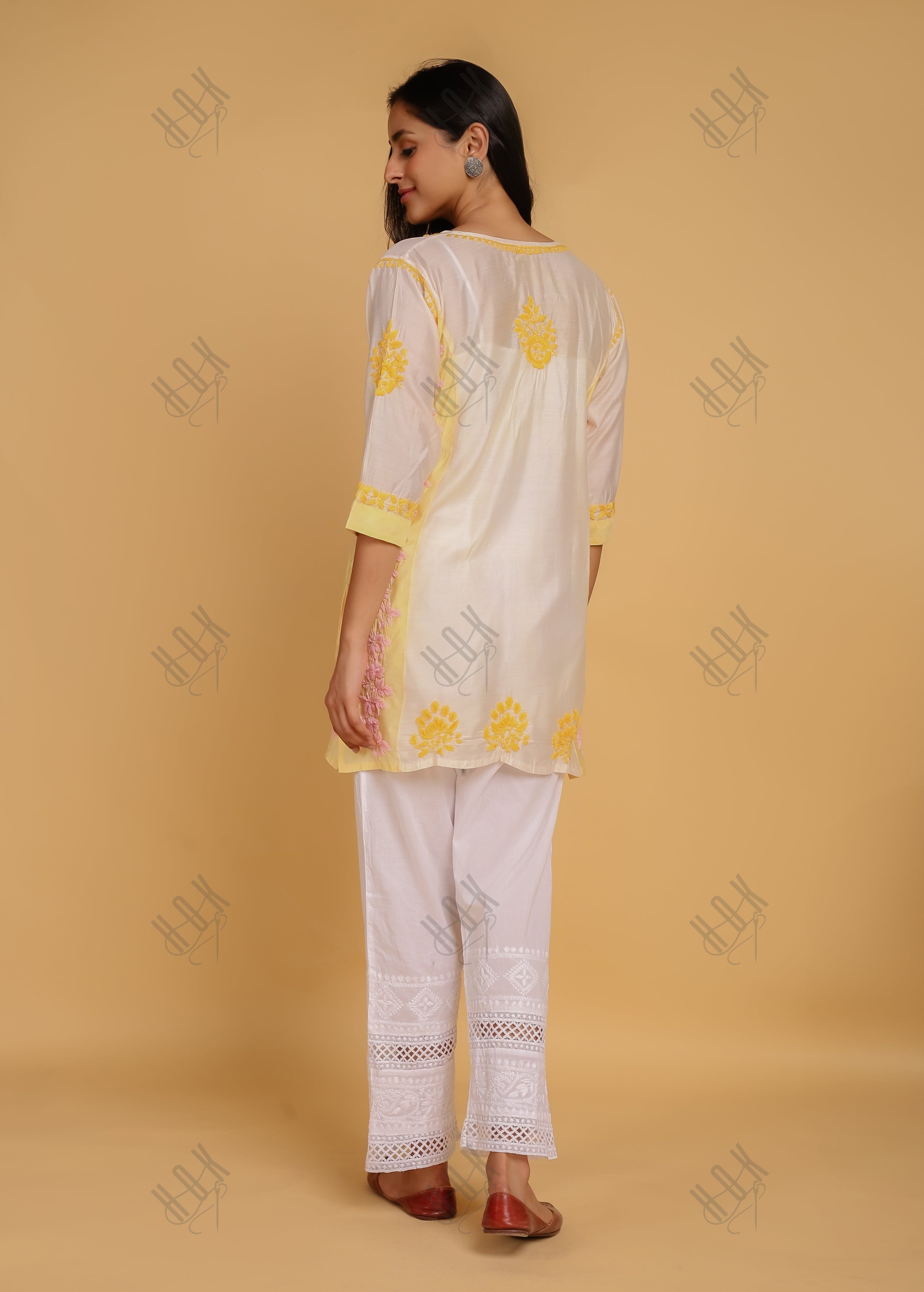 Saba Chikankari Short kurta in Chanderi Silk - Yellow White