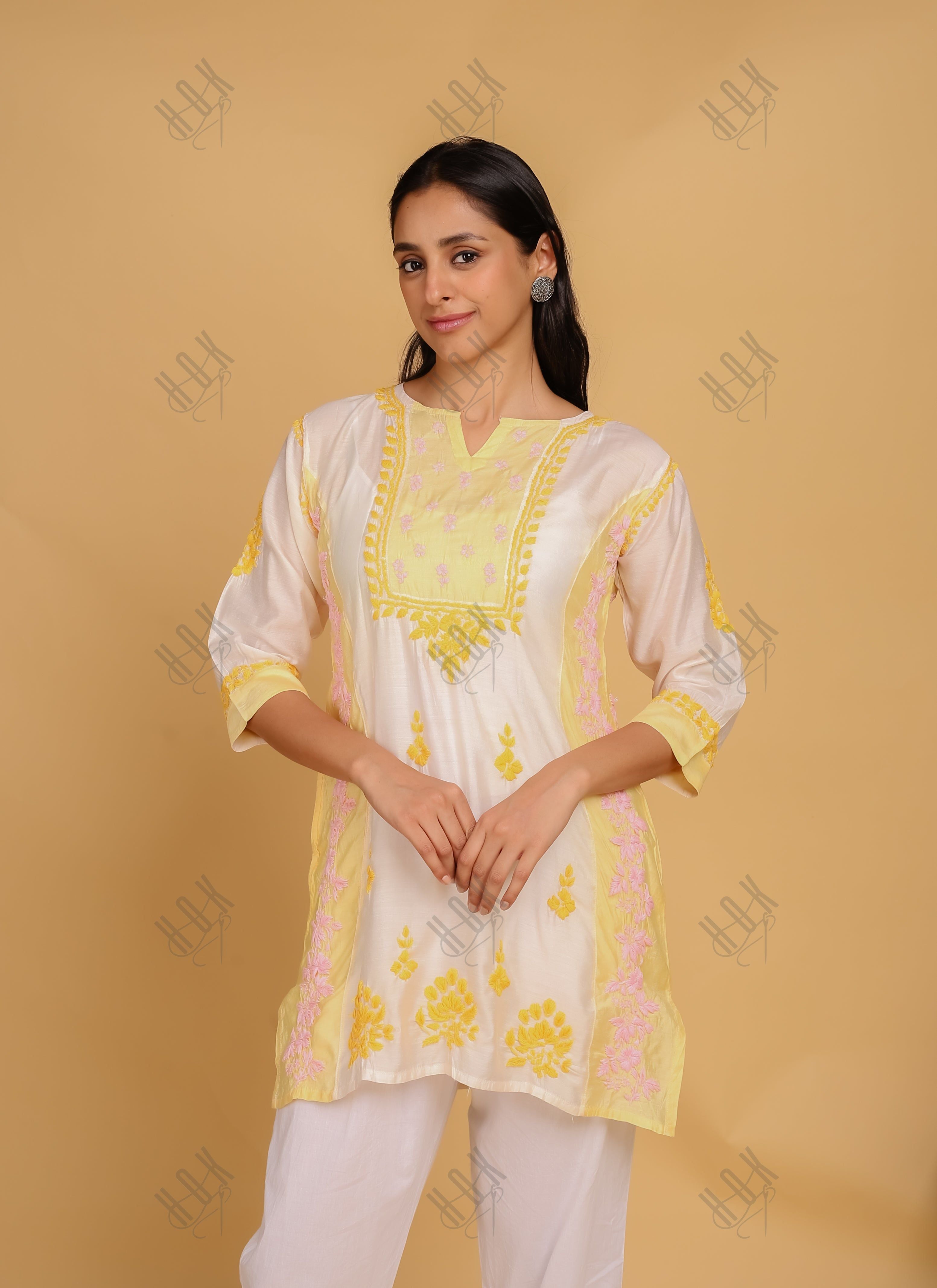 Saba Chikankari Short kurta in Chanderi Silk - Yellow White