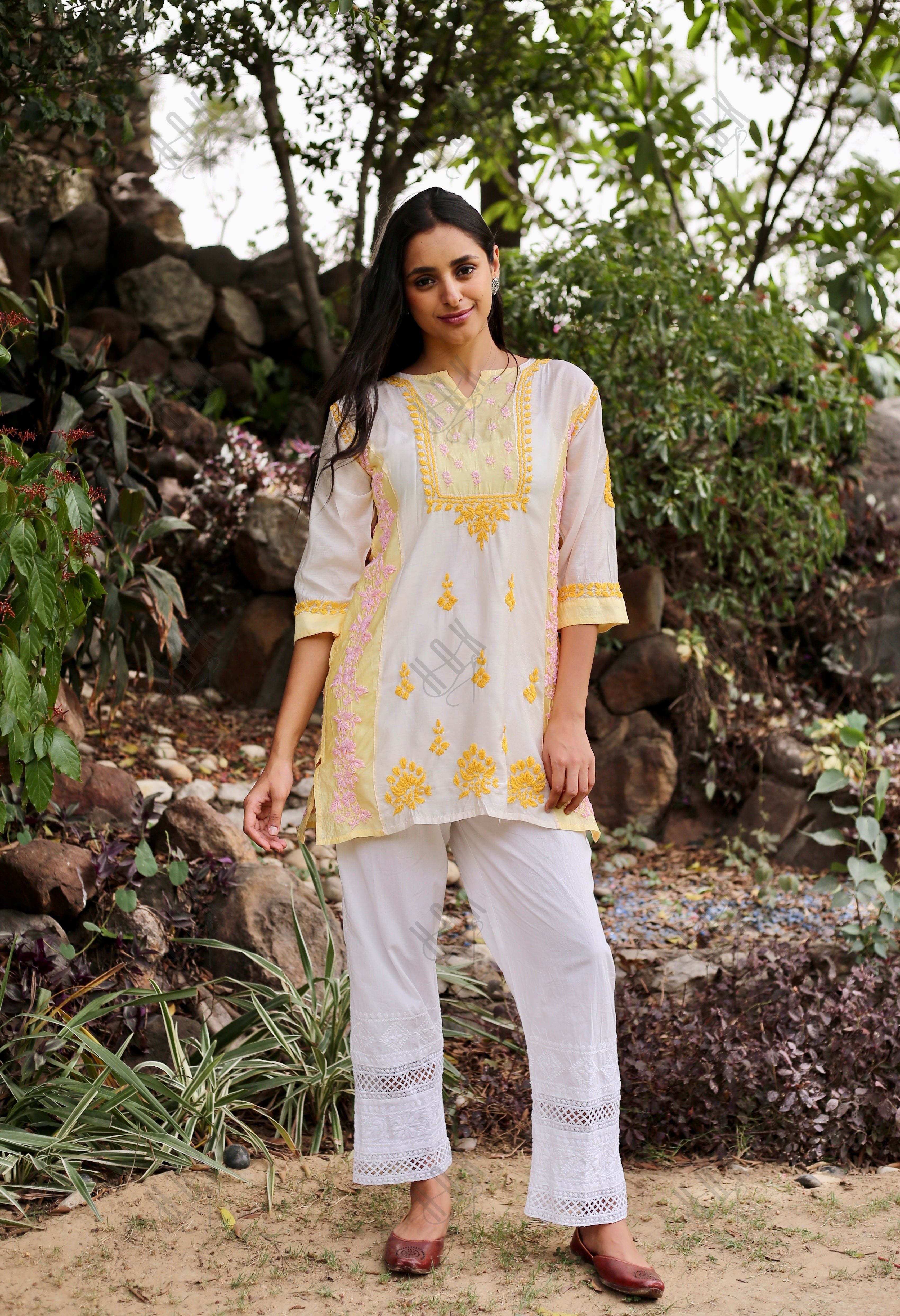 Saba Chikankari Short kurta in Chanderi Silk - Yellow White