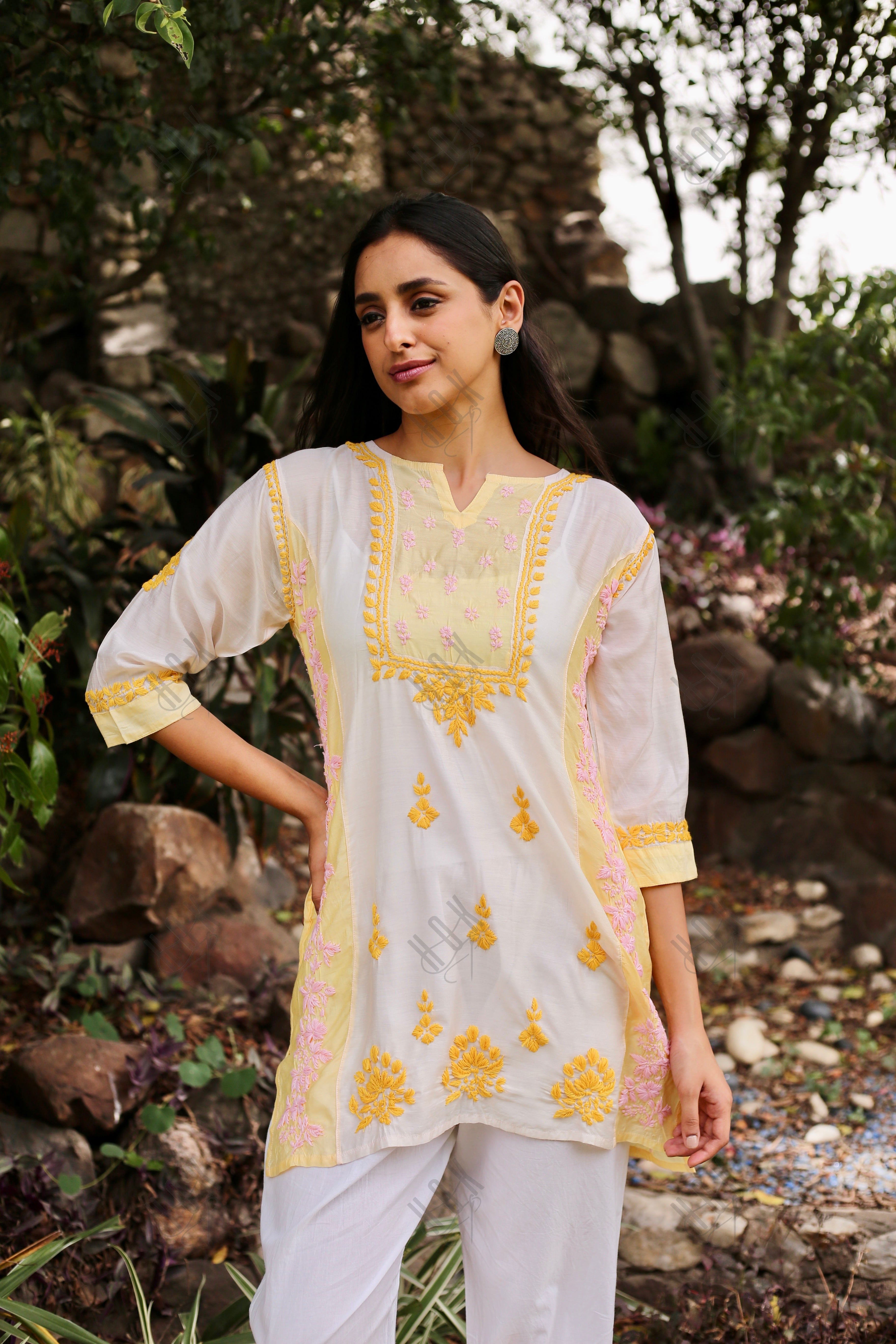 Saba Chikankari Short kurta in Chanderi Silk - Yellow White