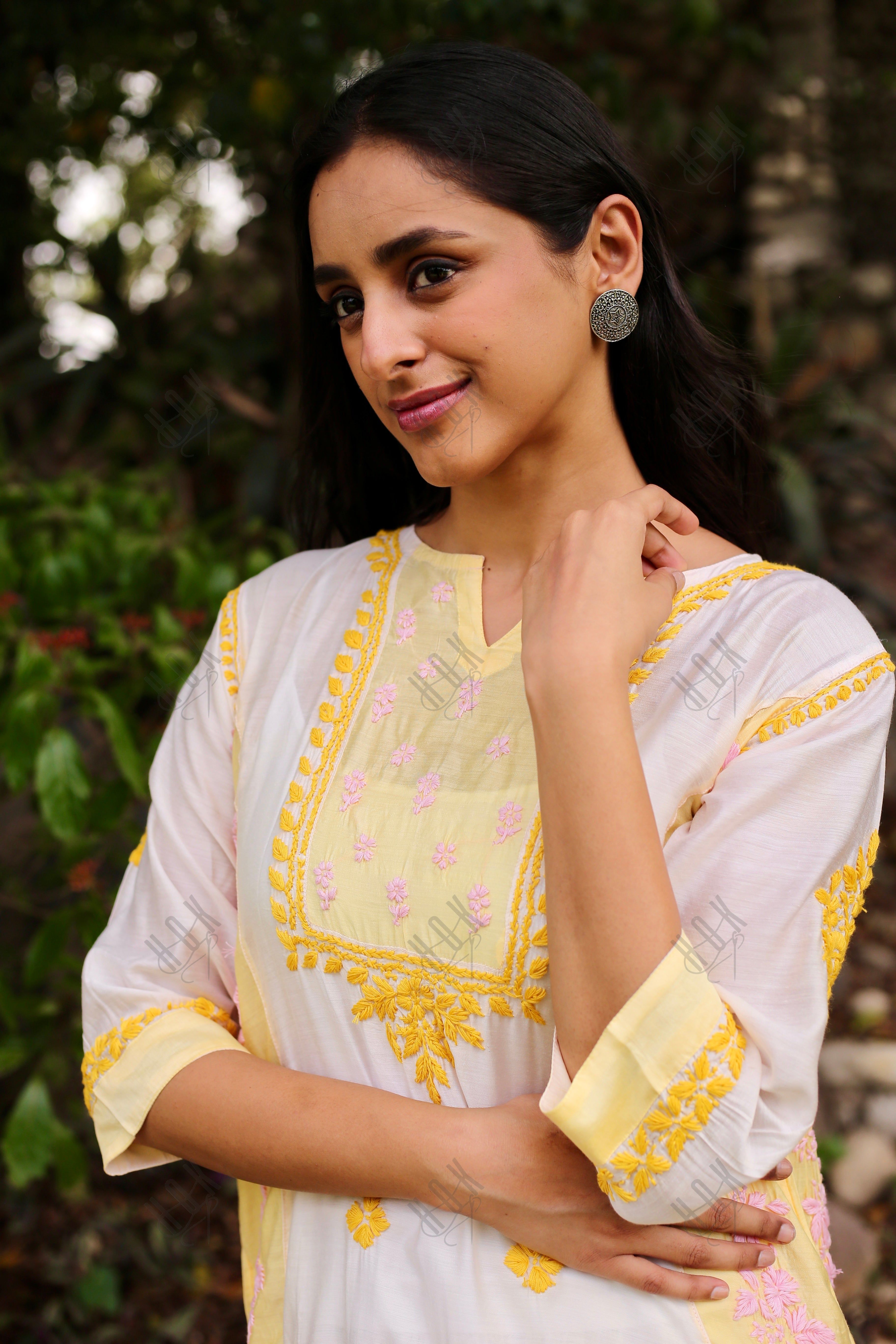 Saba Chikankari Short kurta in Chanderi Silk - Yellow White