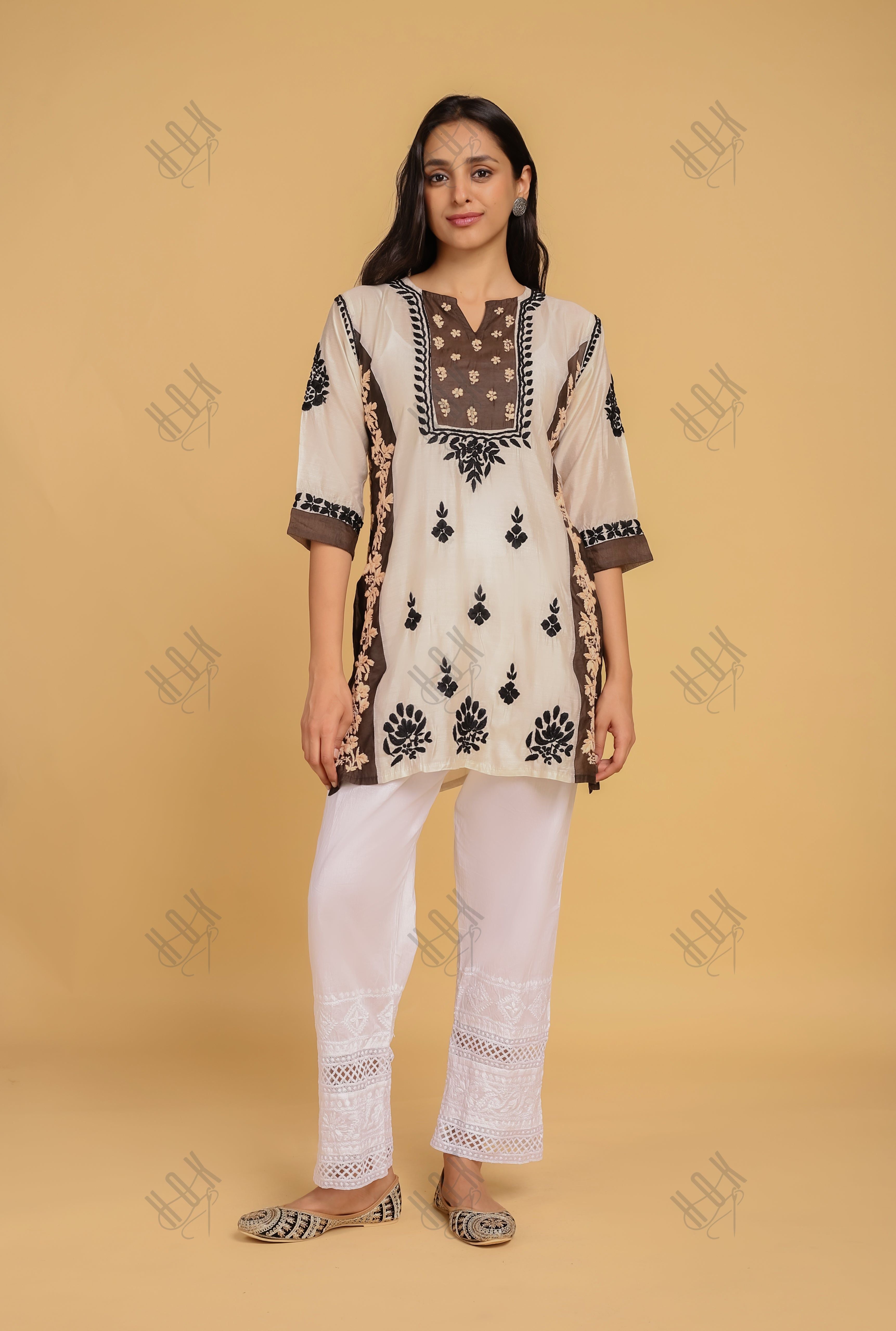 Saba Chikankari Short kurta in Chanderi Silk - White Dark Brown