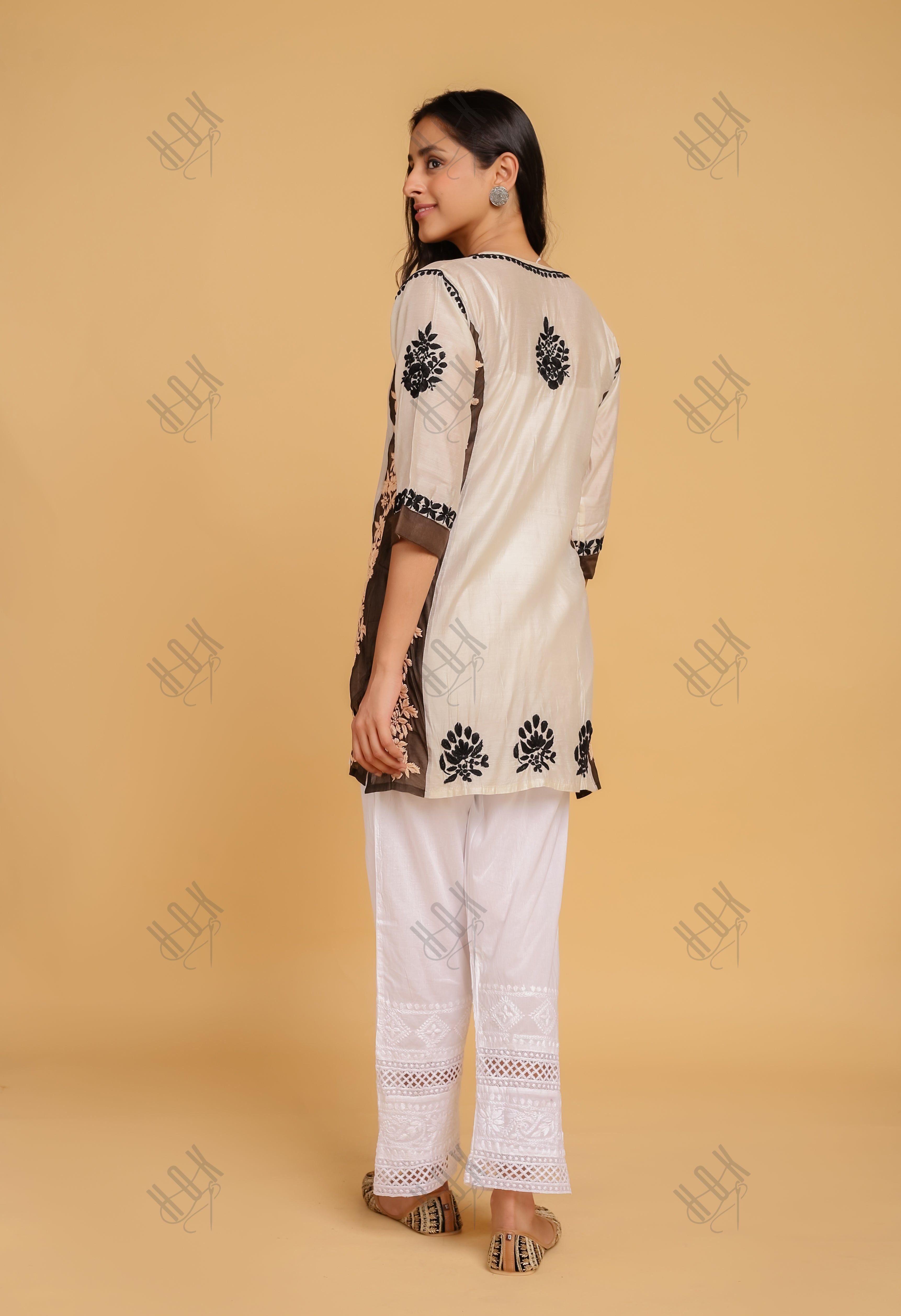 Saba Chikankari Short kurta in Chanderi Silk - White Dark Brown