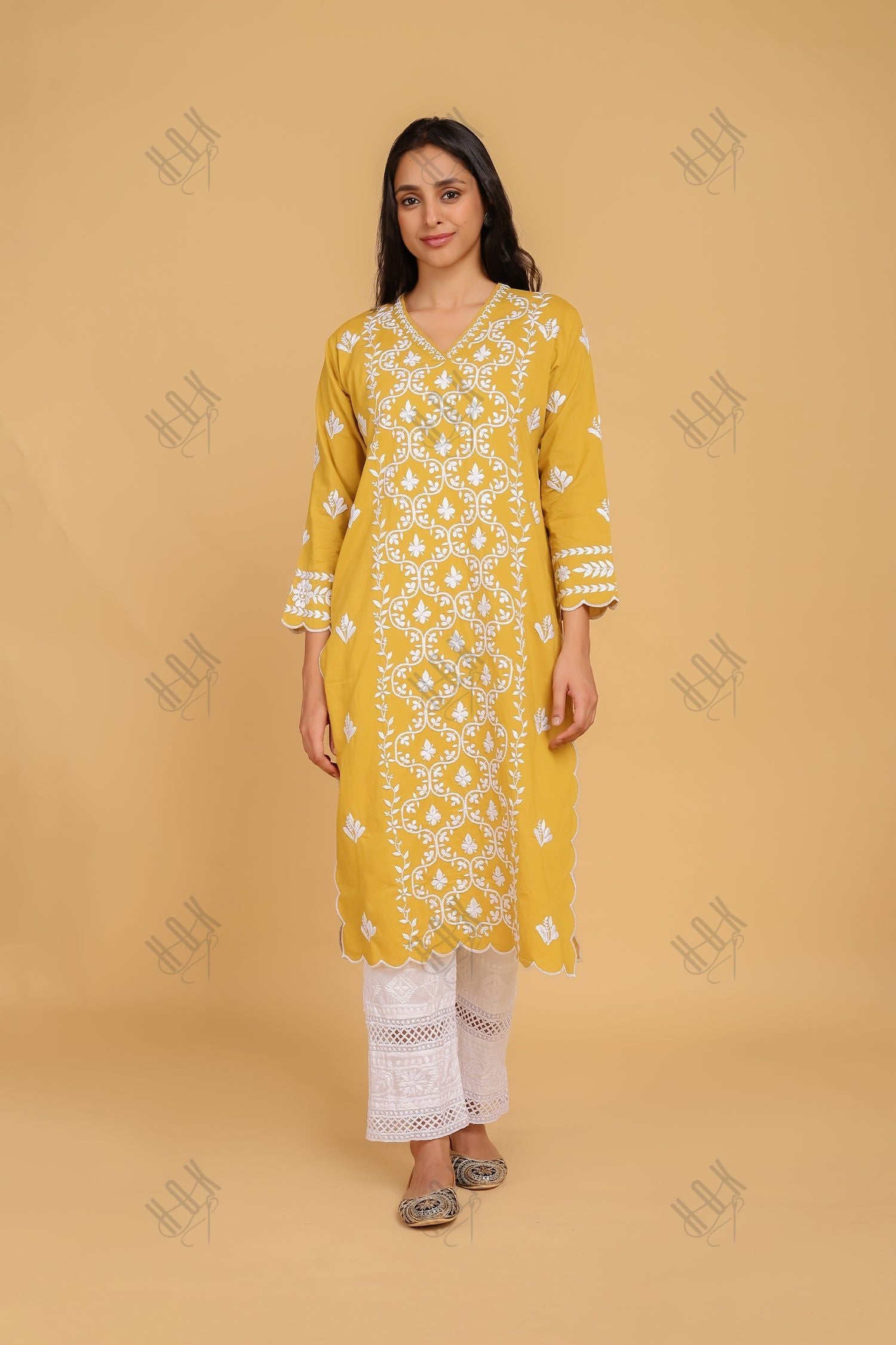 Saba Chikankari Long Kurta In Cotton - Mustard