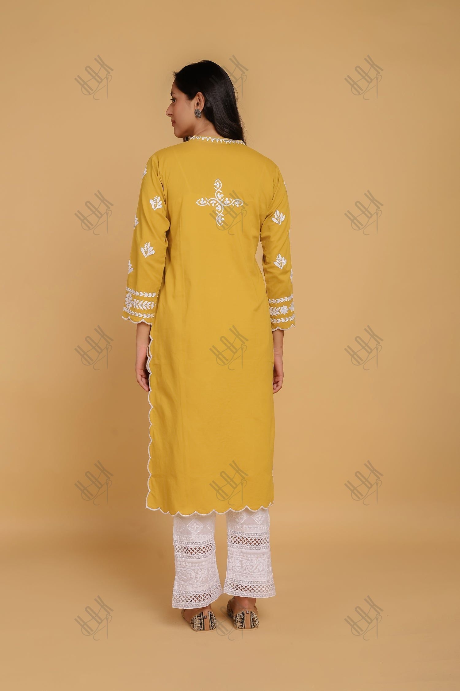 Saba Chikankari Long Kurta In Cotton - Mustard