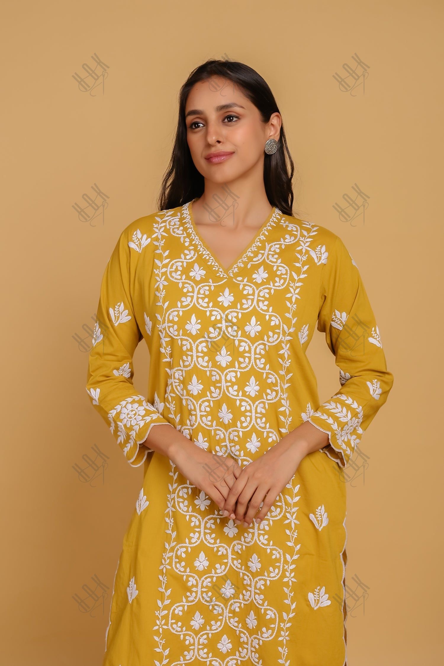 Saba Chikankari Long Kurta In Cotton - Mustard