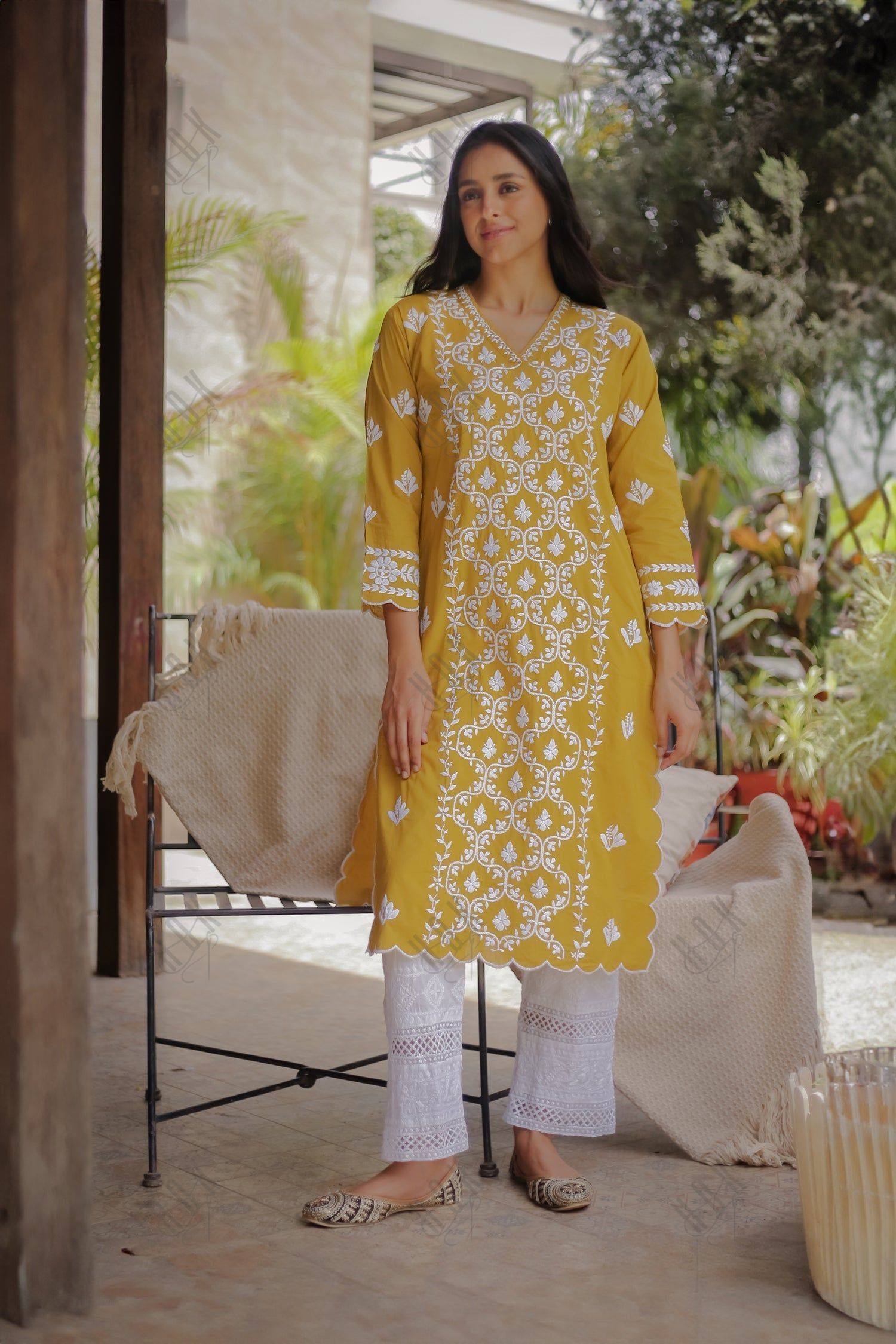 Saba Chikankari Long Kurta In Cotton - Mustard