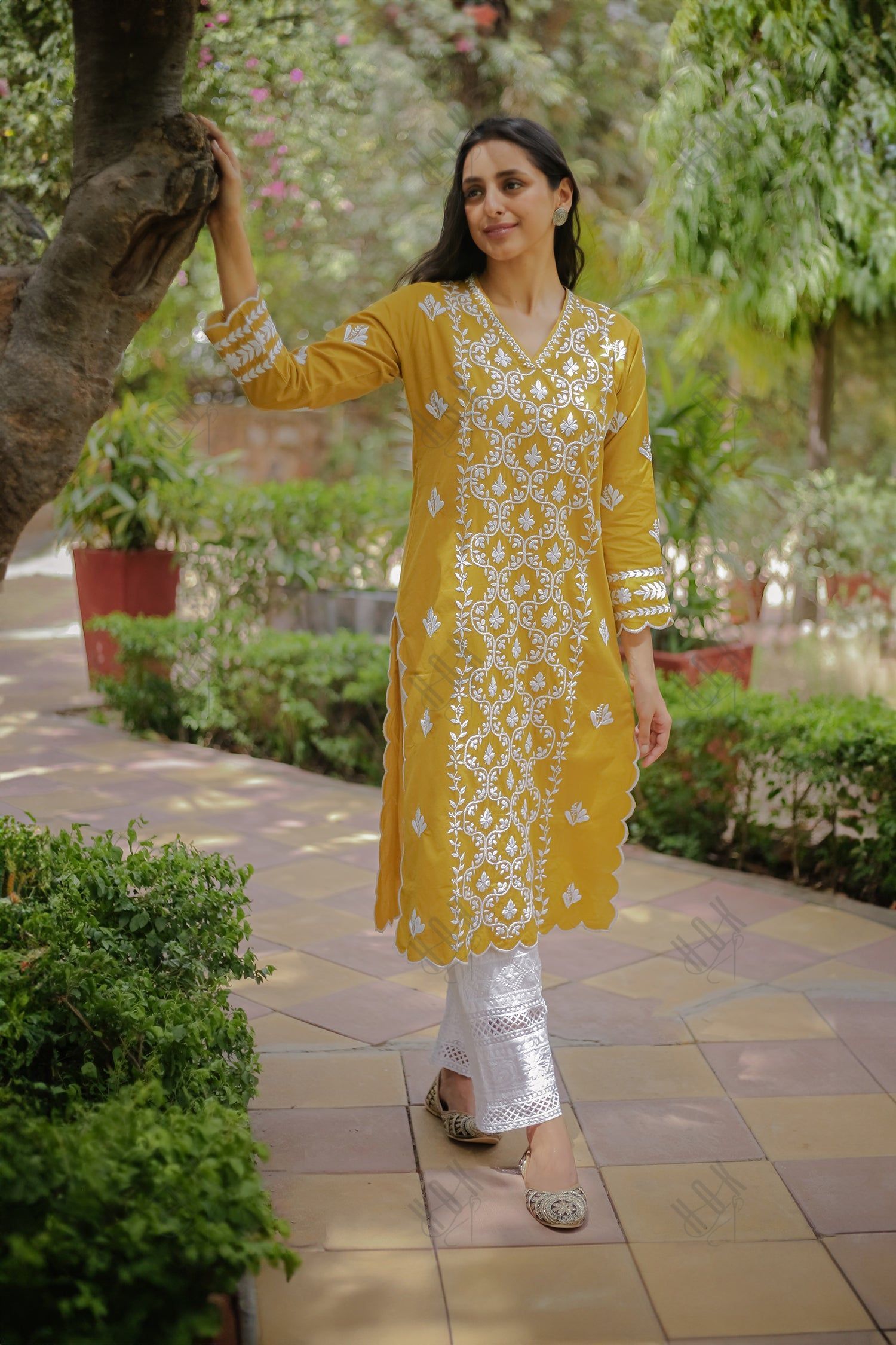 Saba Chikankari Long Kurta In Cotton - Mustard