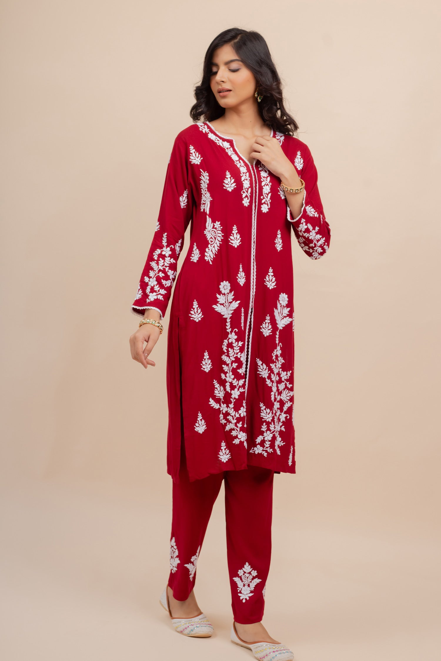 Saba Chikankari Set In Rayon Cotton - Burgunday