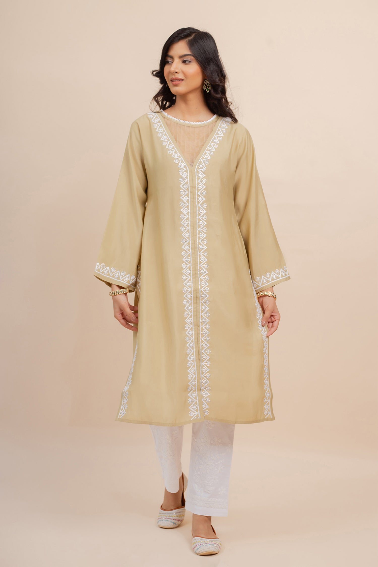 Saba Chikankari Long Kurta In Muslin - Beige