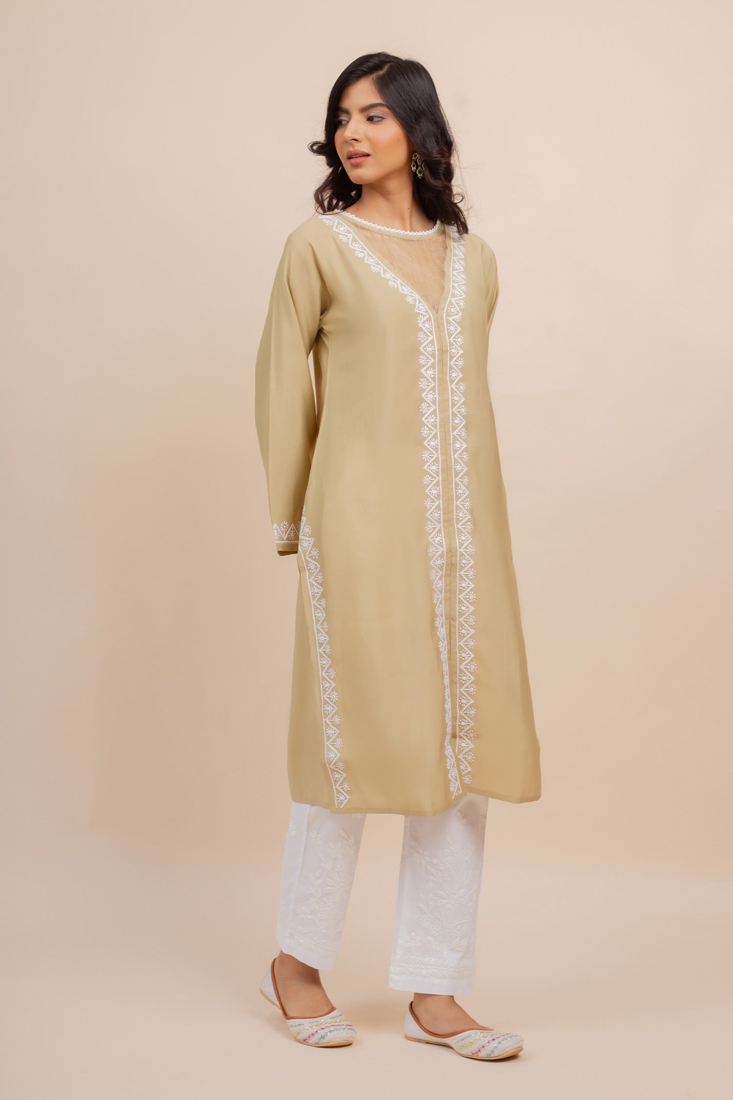 Saba Chikankari Long Kurta In Muslin - Beige