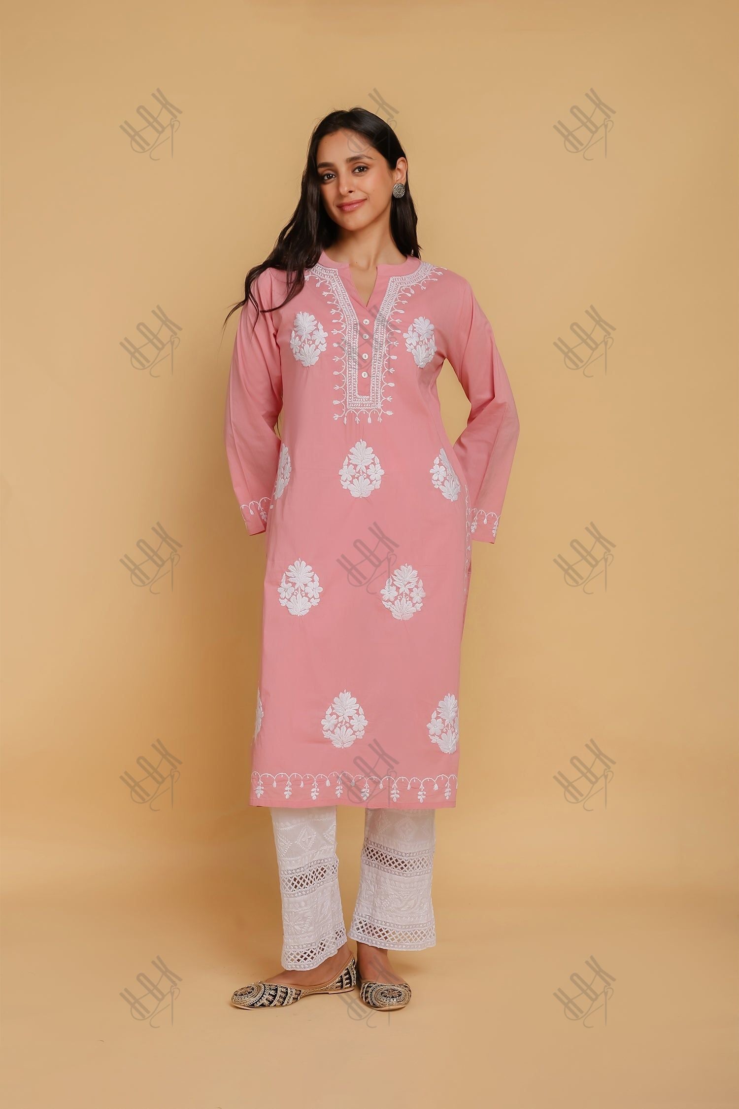 Saba Chikankari Long Kurta In Cotton - Pink