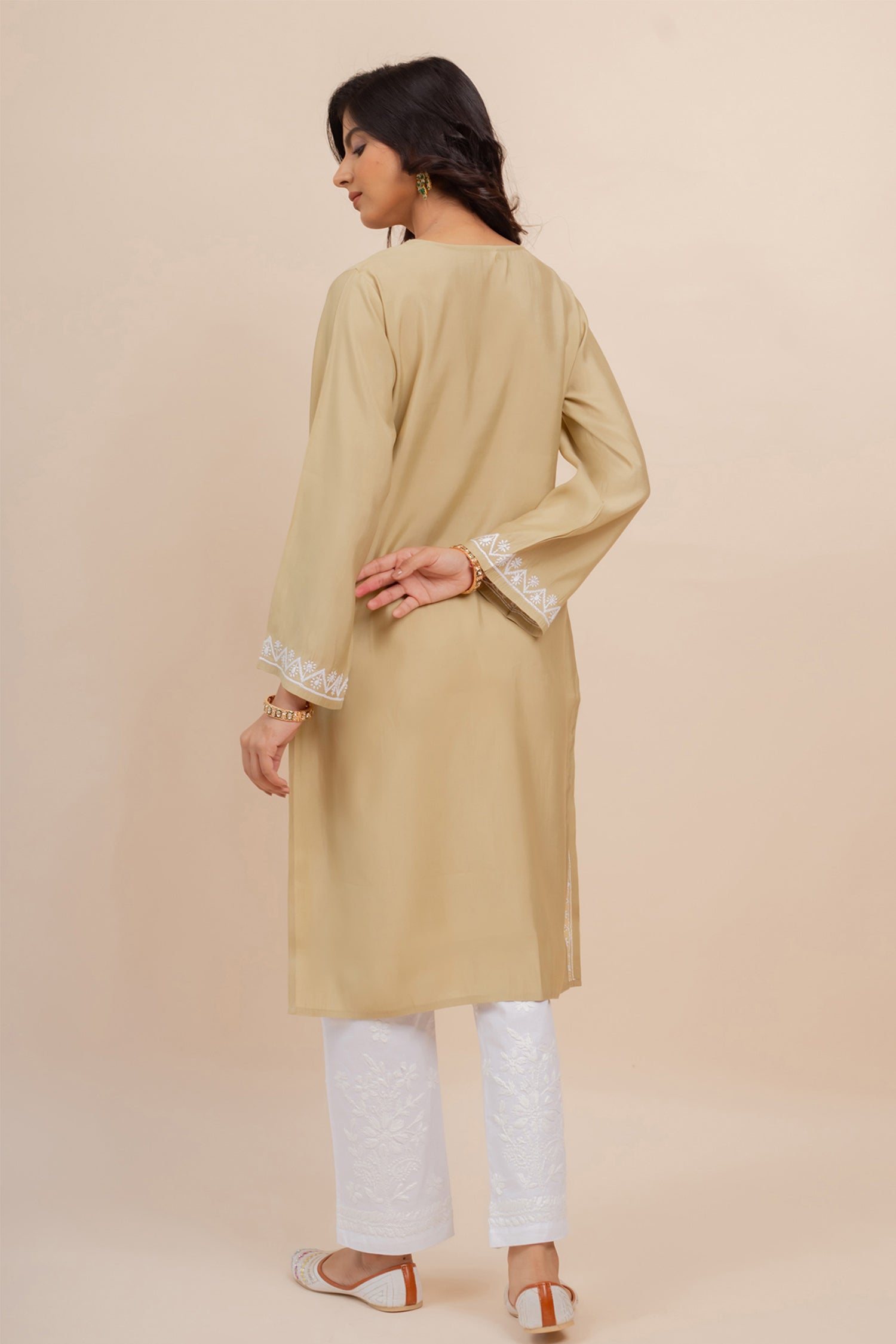 Saba Chikankari Long Kurta In Muslin - Beige