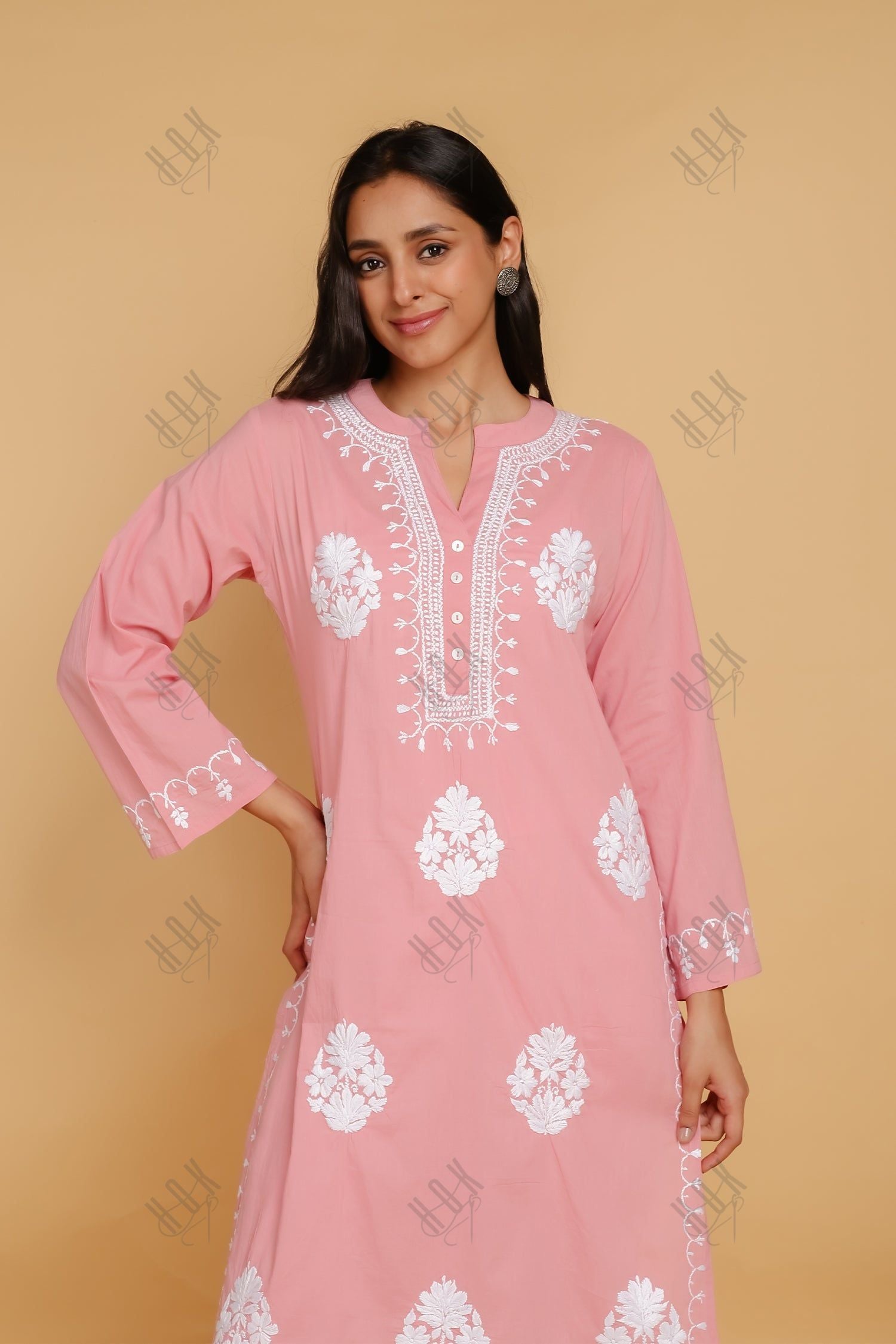 Saba Chikankari Long Kurta In Cotton - Pink