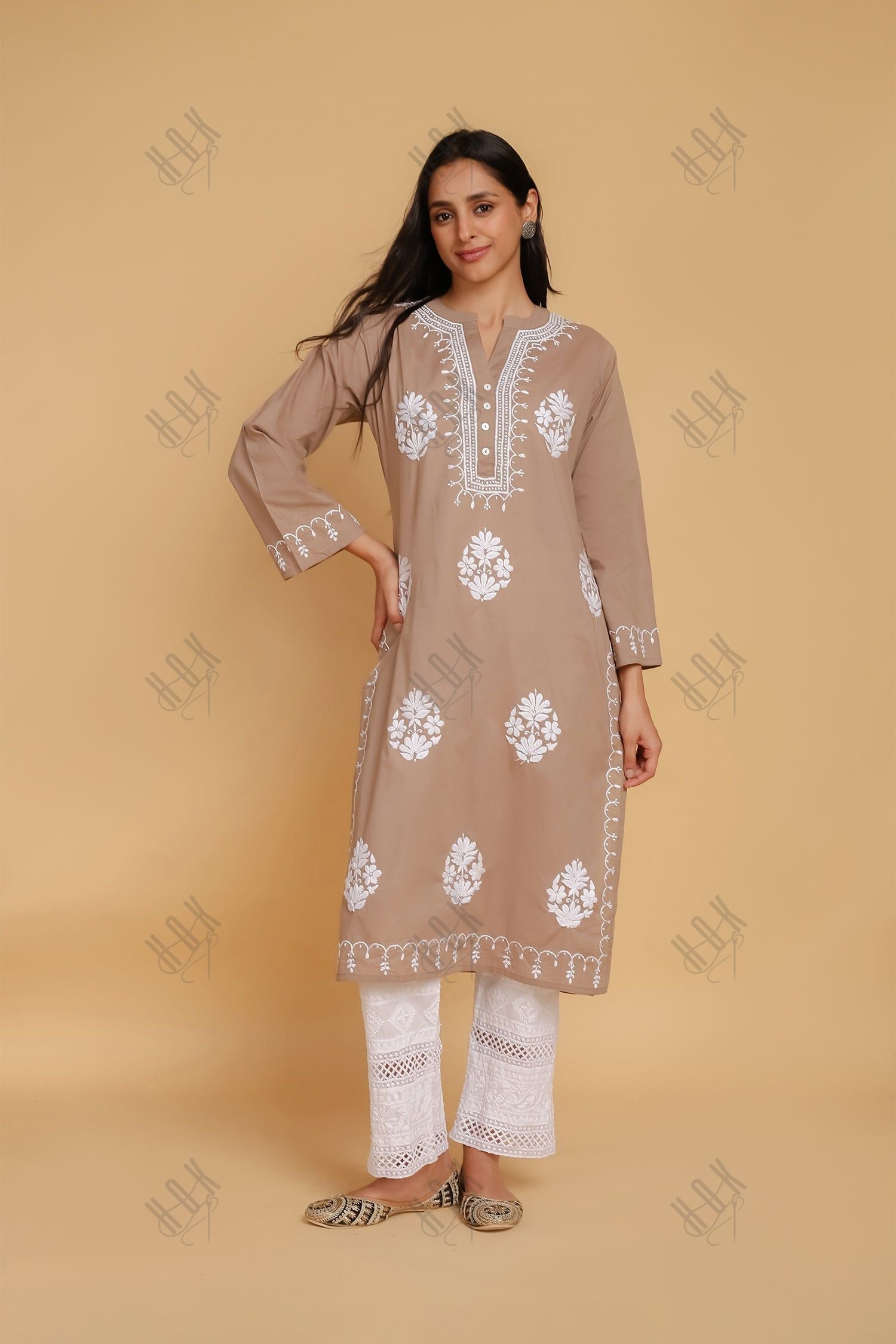 Saba Chikankari Long Kurta In Cotton - Beige