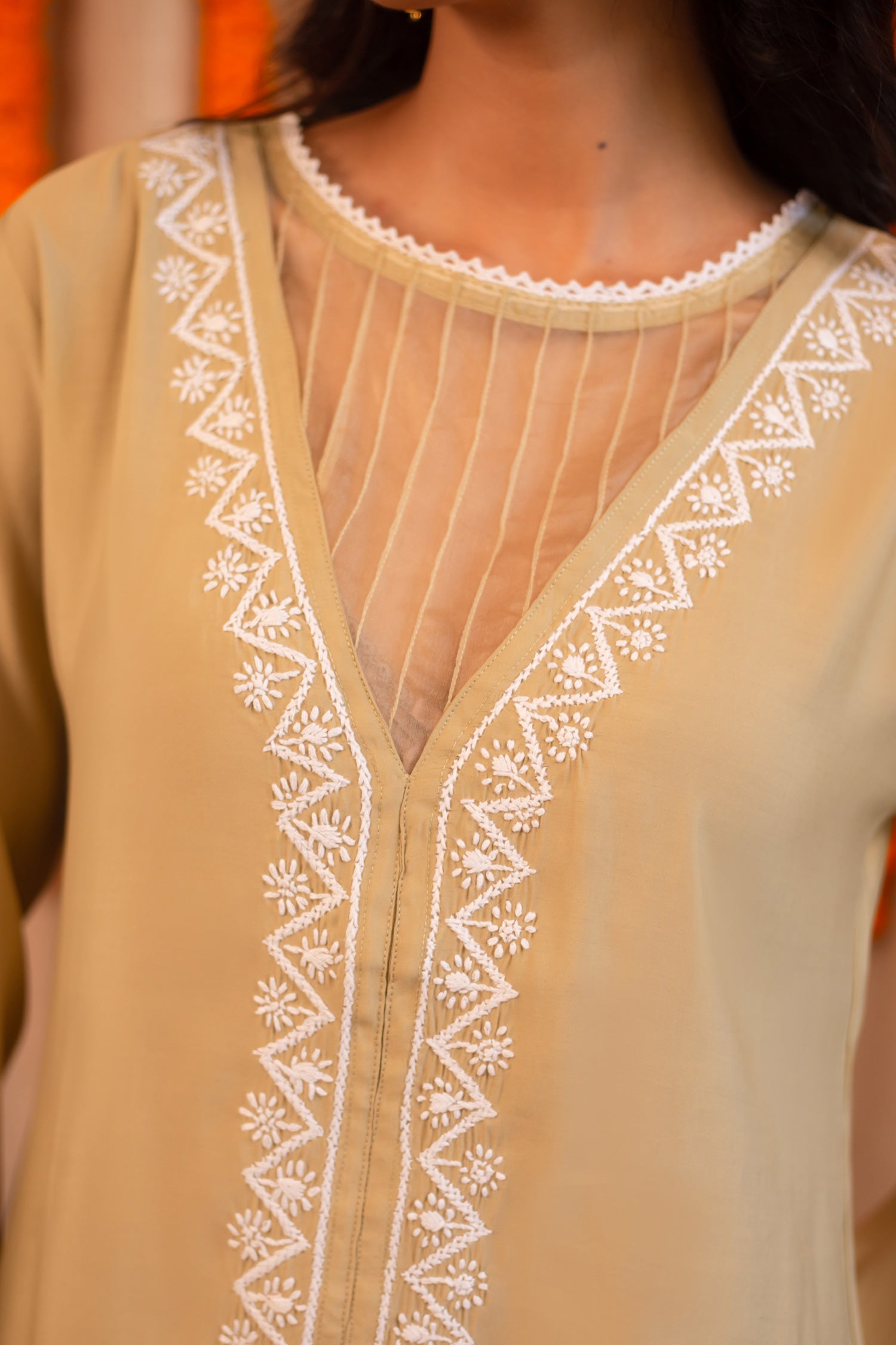 Saba Chikankari Long Kurta In Muslin - Beige