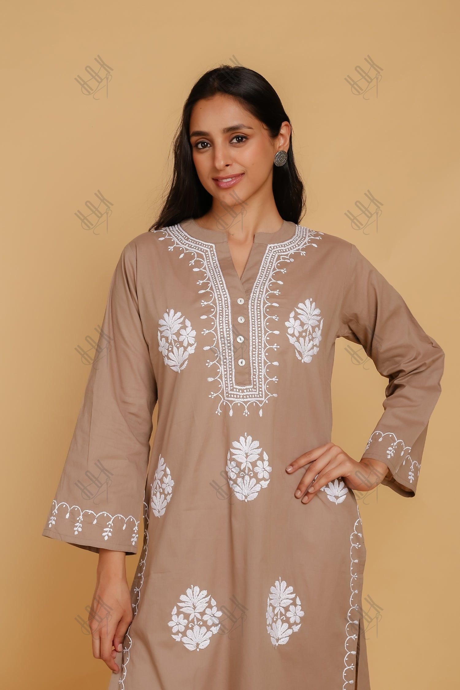 Saba Chikankari Long Kurta In Cotton - Beige