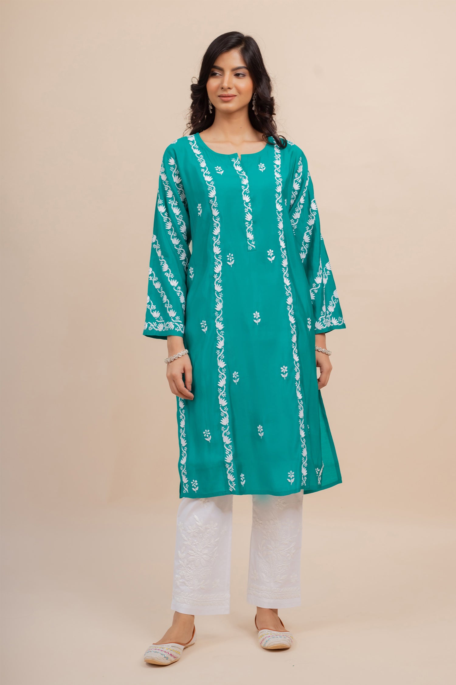 Saba Chikankari Long Kurta In Muslin - Turkish Green