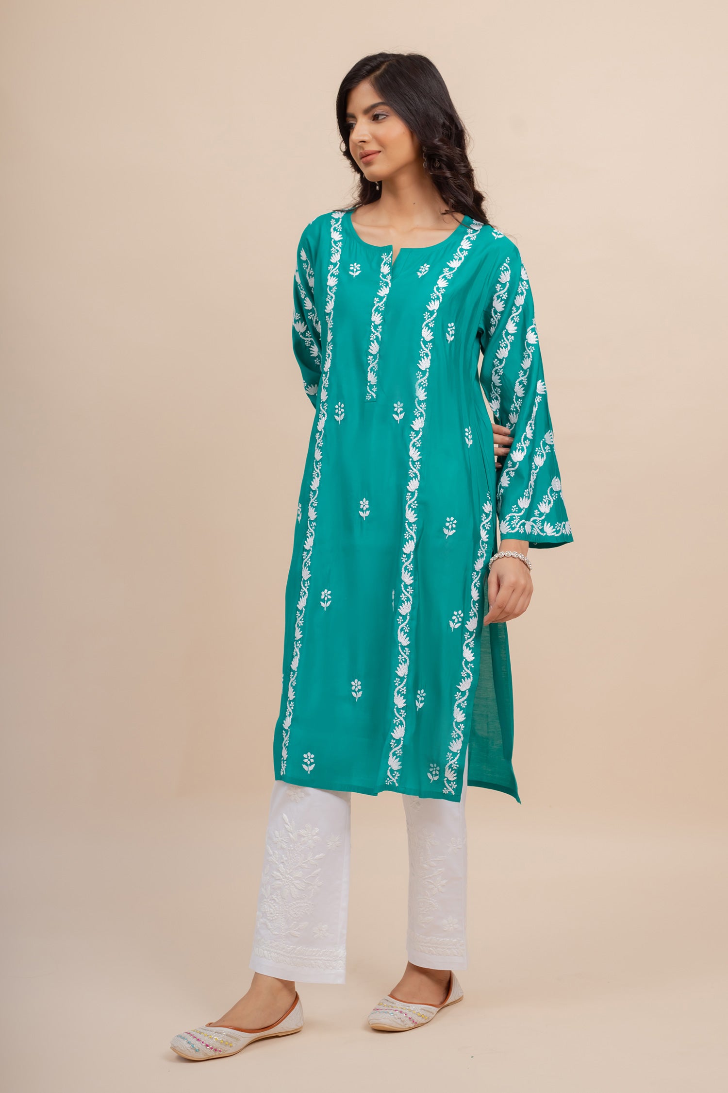 Saba Chikankari Long Kurta In Muslin - Turkish Green