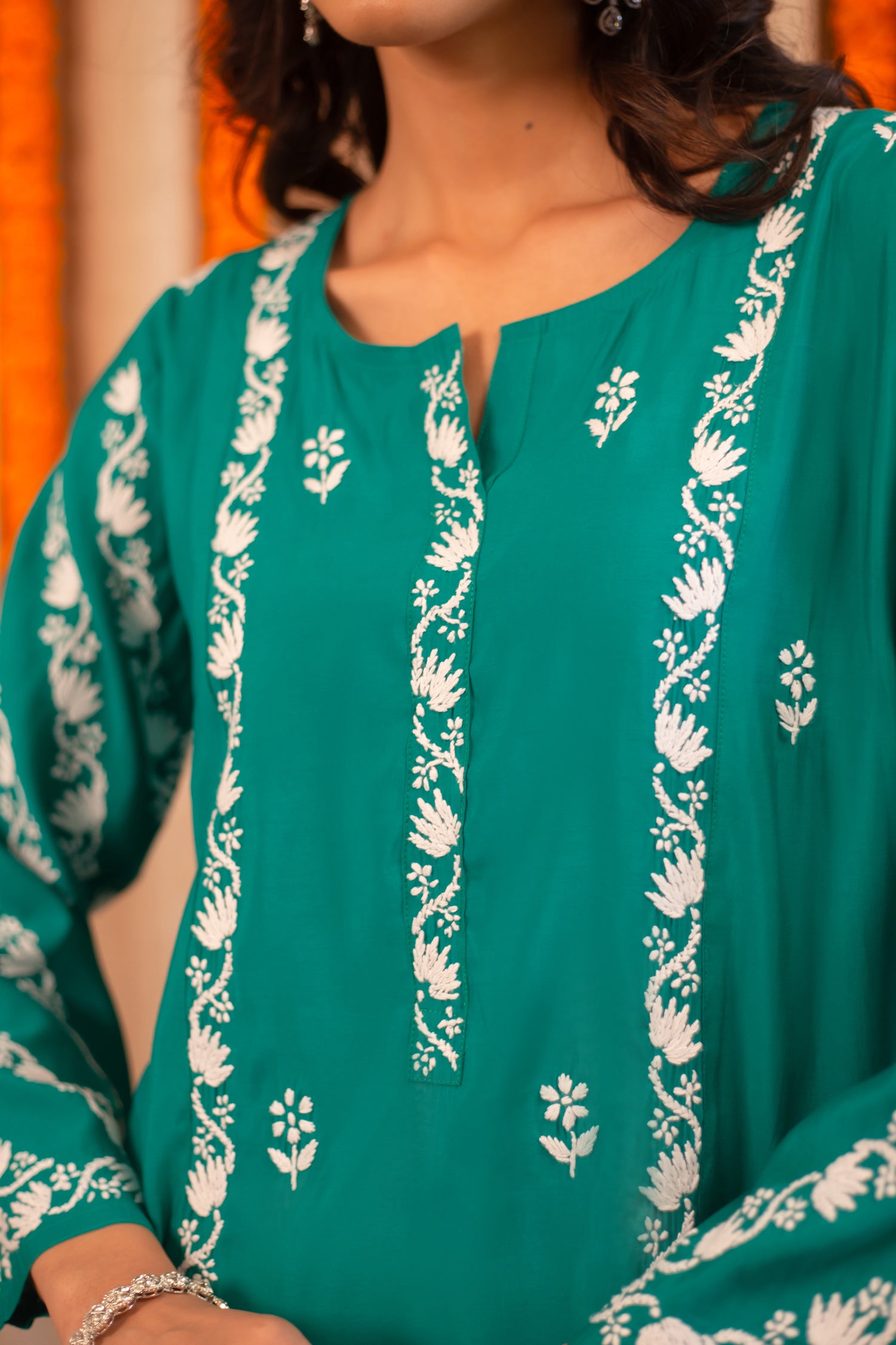 Saba Chikankari Long Kurta In Muslin - Turkish Green