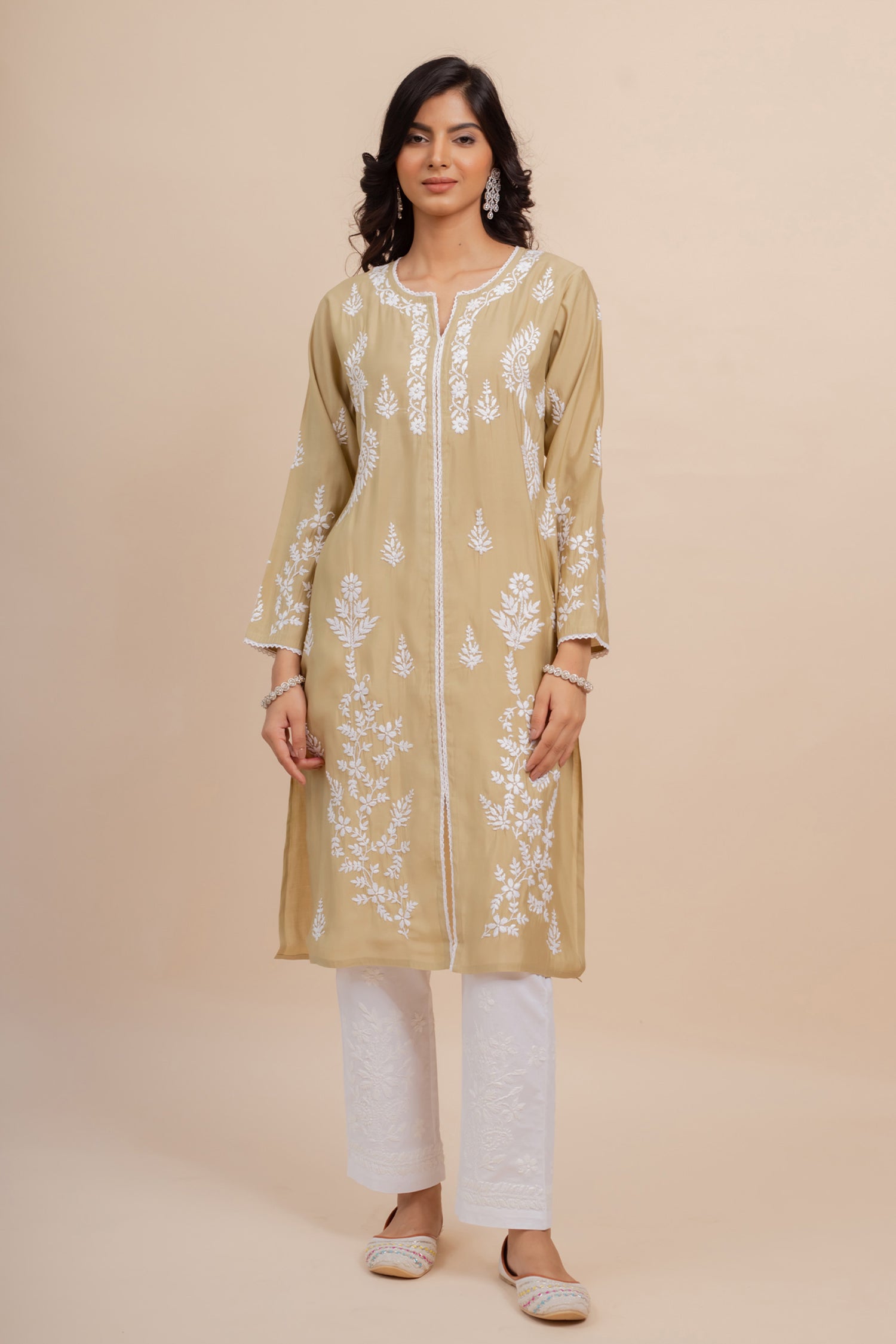 Saba Chikankari Long Kurta In Muslin - Beige