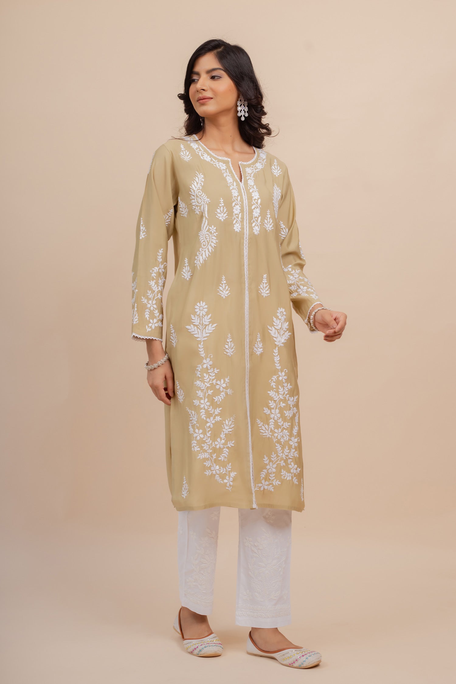 Saba Chikankari Long Kurta In Muslin - Beige