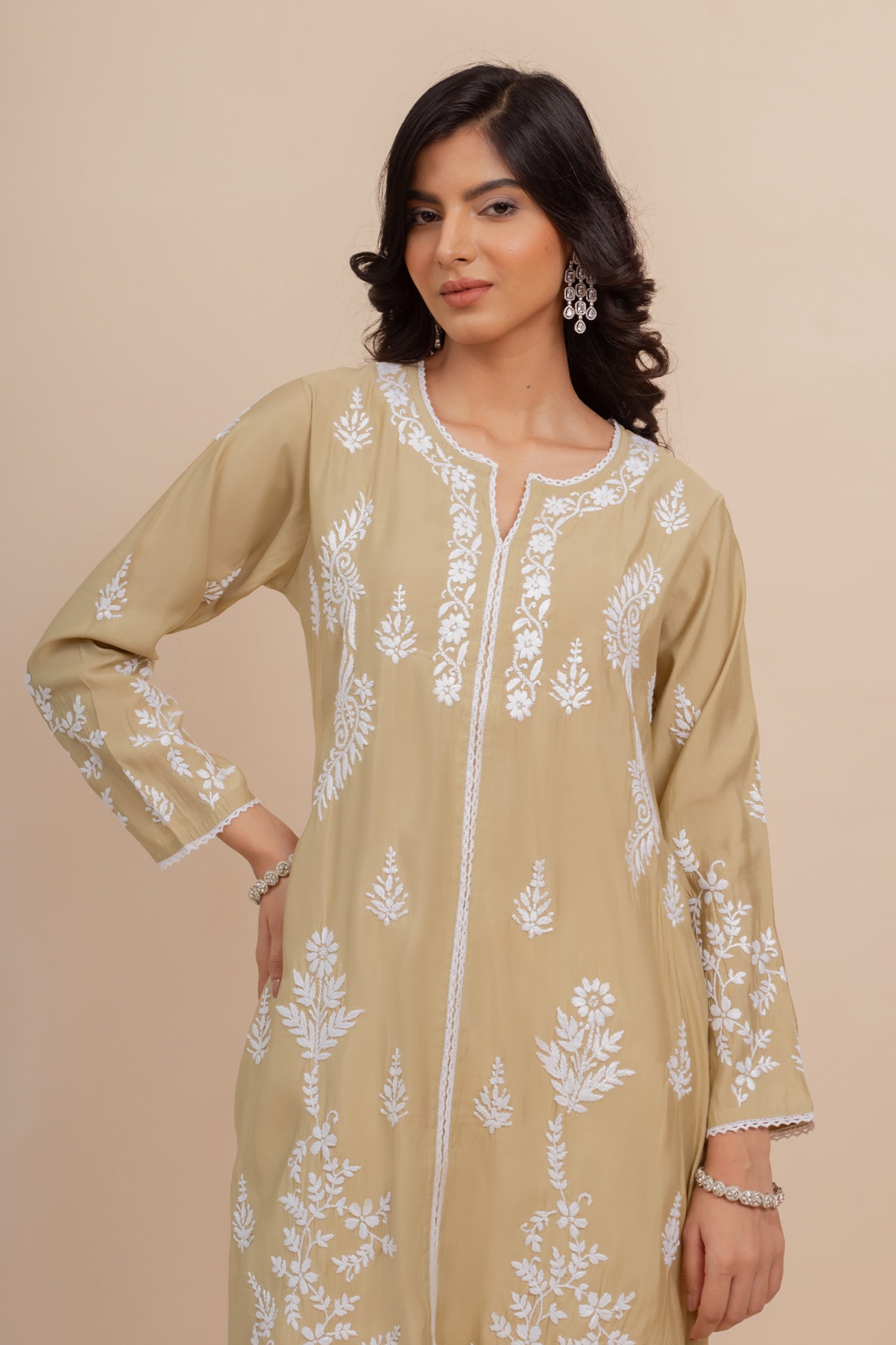 Saba Chikankari Long Kurta In Muslin - Beige