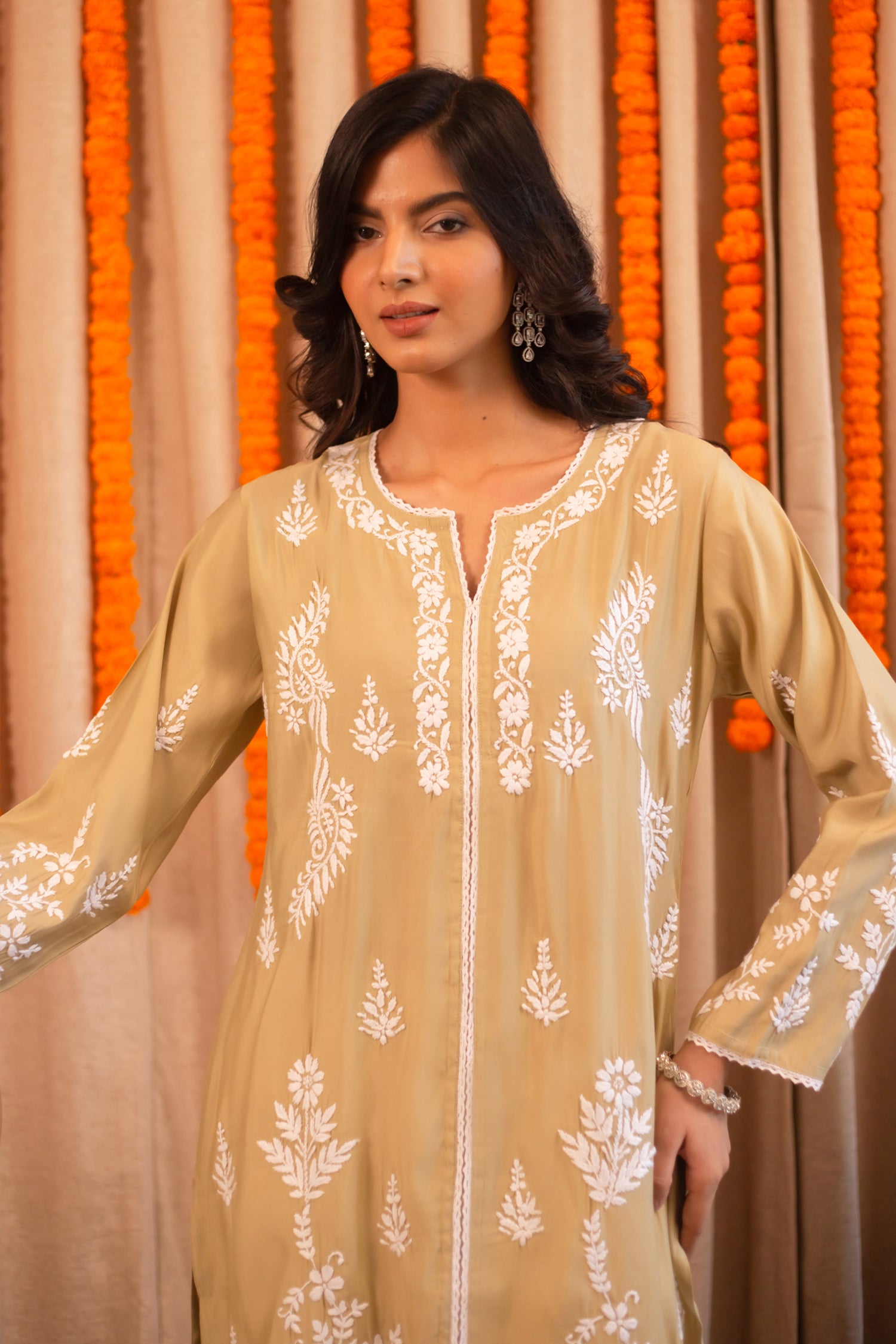 Saba Chikankari Long Kurta In Muslin - Beige